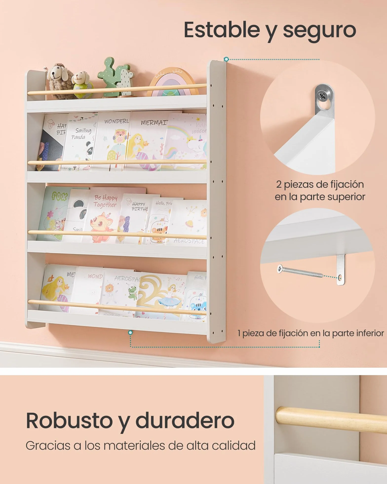 SONGMICS Estantería Infantil 4 Niveles Estante de Pared para Juguetes Blanco y Natural GKR014W01