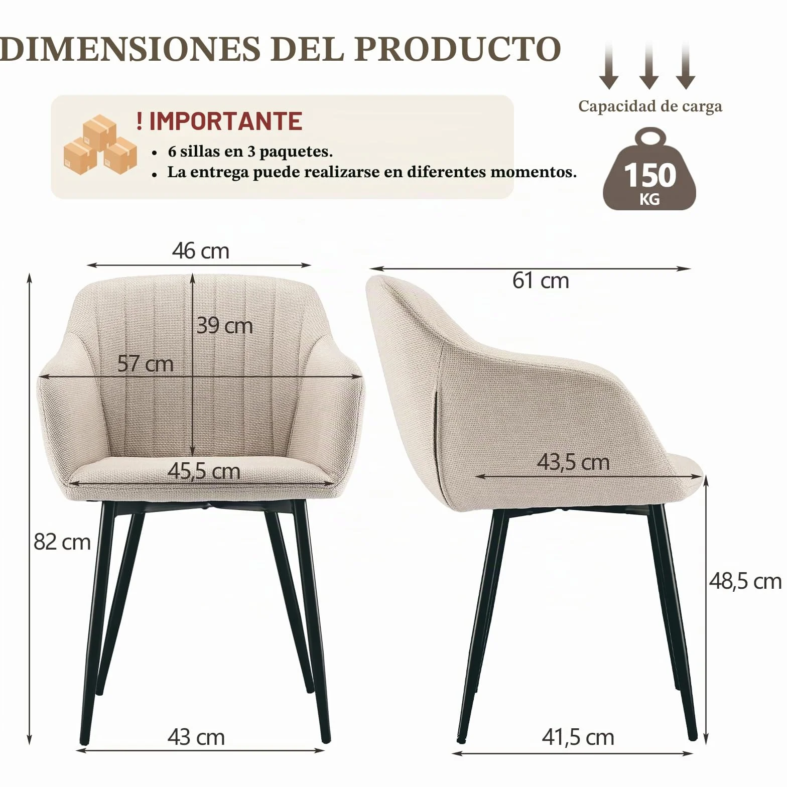 Juego de 6 Silla de Comedor Beige con Reposabrazos, Silla Tapizada en Lino con Patas Metálicas, Estilo Moderno, Unidad Individual para Comedor Salón