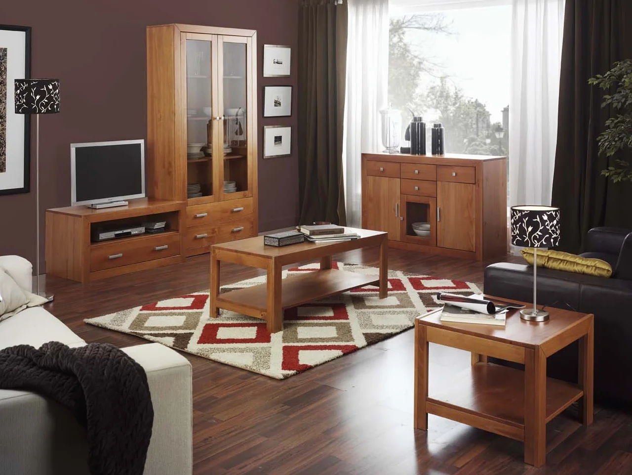 Dogar Moblit,Aparador Tres Puertas Cuatro Cajones, realizado en Madera de Pino Macizo Natural. Color Cerezo Claro, Serie Kalpe,Medida (86X130X42) Cm (Alto/Ancho/Fondo),Salon, Cocina,Entrada o Comedor