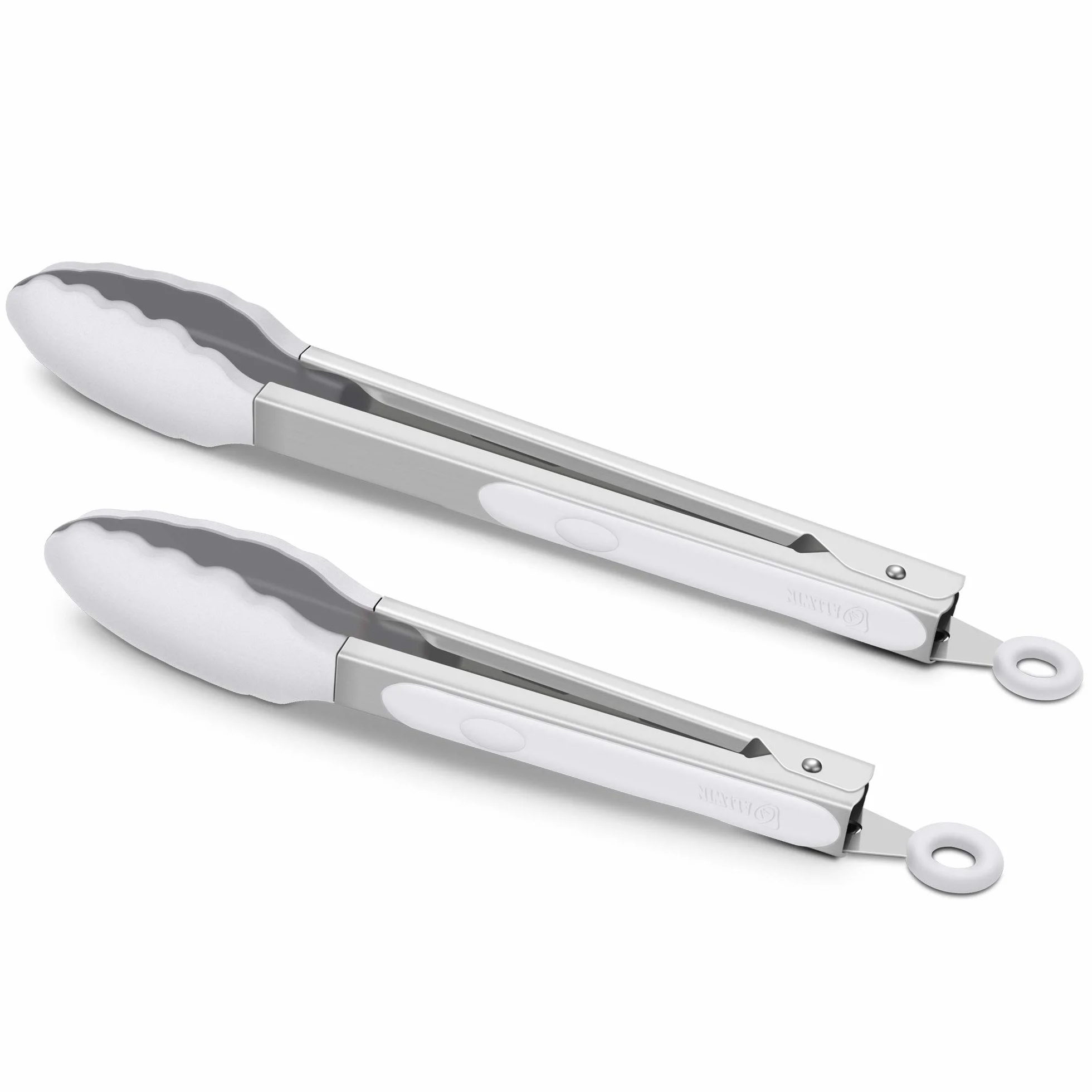 Juego de 2 pinzas de cocina de silicona de alta calidad, 22.8 cm y 30.5 cm, sin BPA, antiadherente, acero inoxidable, para barbacoa, con bloqueo de alimentos, color gris claro