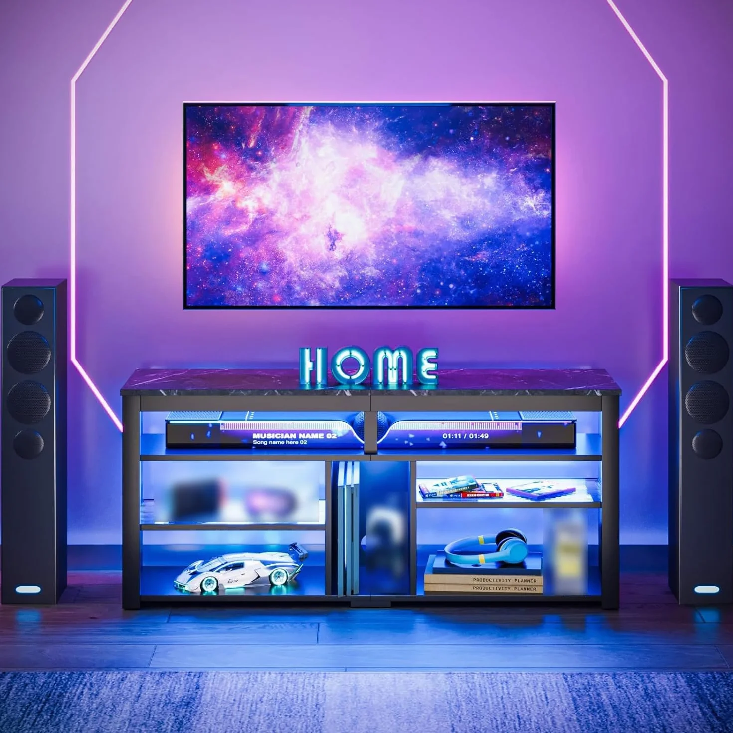 Bestier Mueble de TV Alto para televisores de 65", Soporte para TV con Almacenamiento para PS5, Consola de TV LED con Estante Ajustable para Sala de Estar, mármol Negro