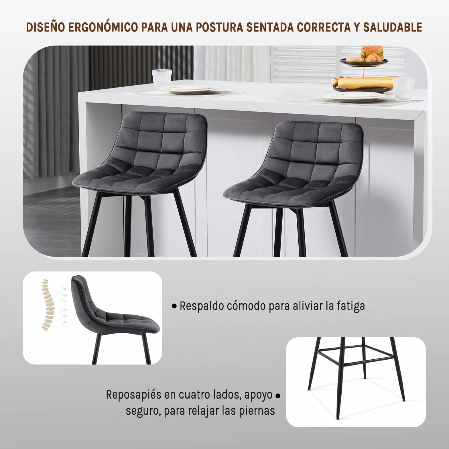 WOLTU Taburete de Bar Juego de 2 con Respaldo de Marco de Metal Asiento, Terciopelo, Gris Oscuro