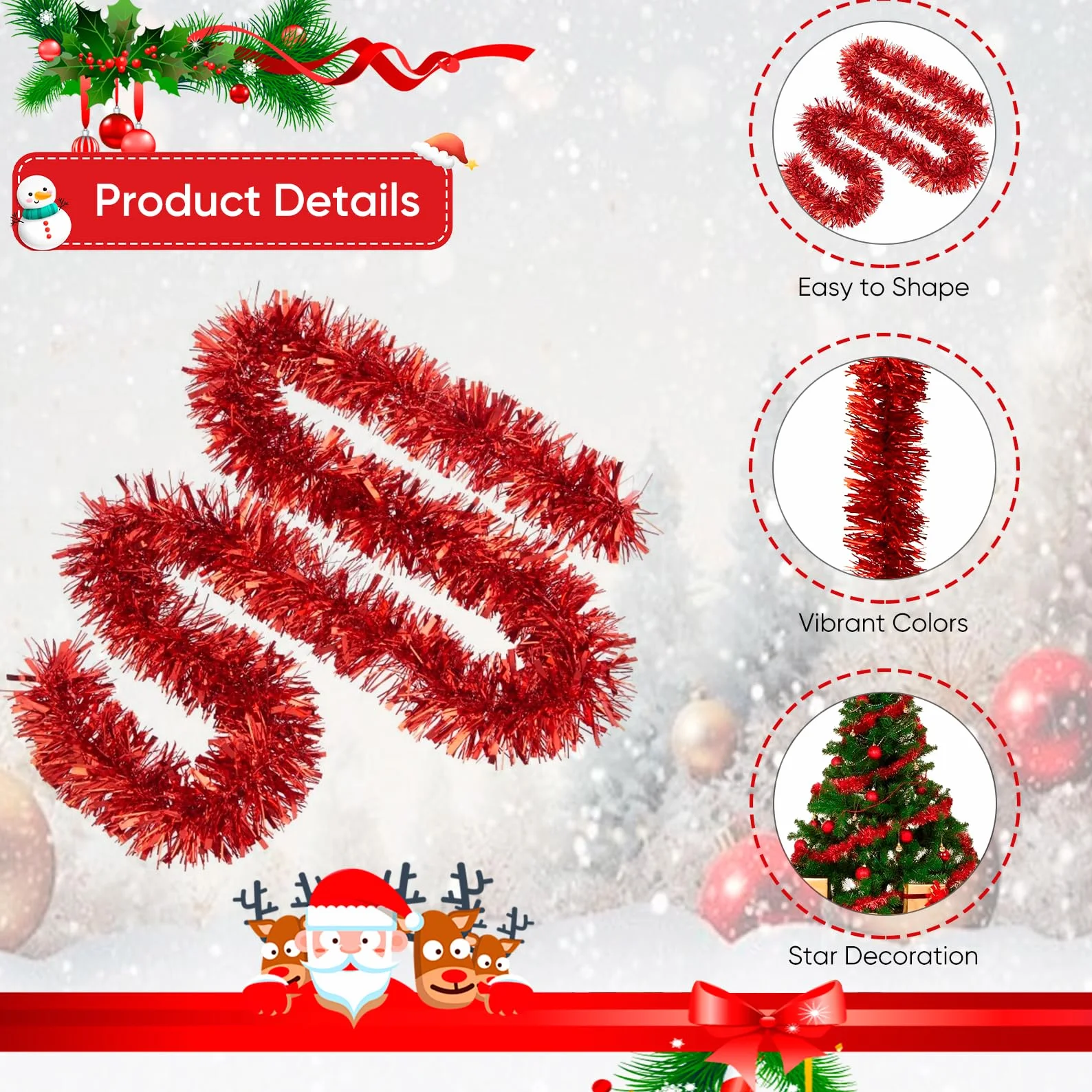 10 m de espumillón para árbol de Navidad rojo, guirnalda de Navidad, decoración de árbol de Navidad, guirnalda roja para árbol de Navidad, decoración navideña para exteriores (rojo)