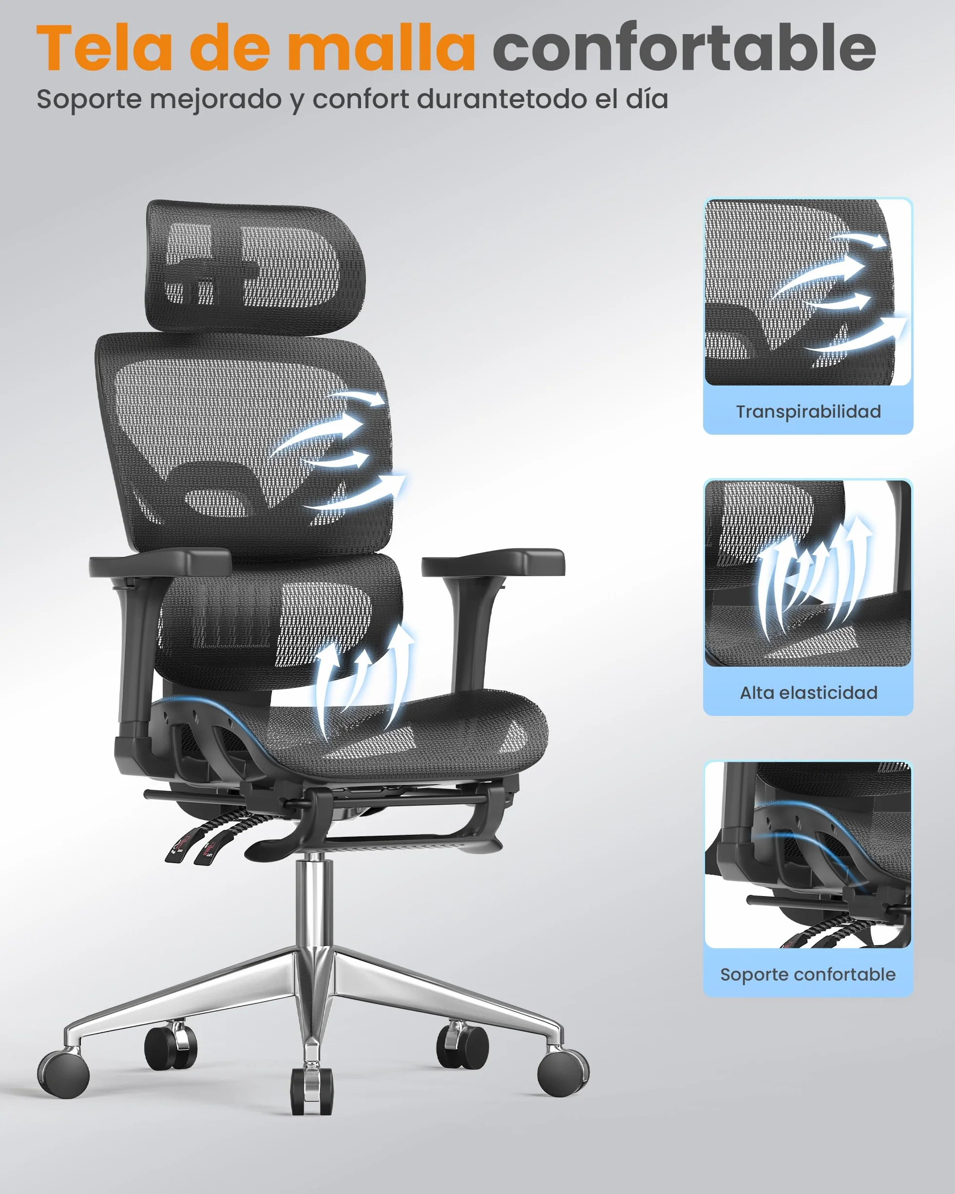 Silla Escritorio Ergonómica con Respaldo Alto de Malla Transpirable, Carga 160 kg, Reposabrazos 3D y Reposacabezas Ajustables