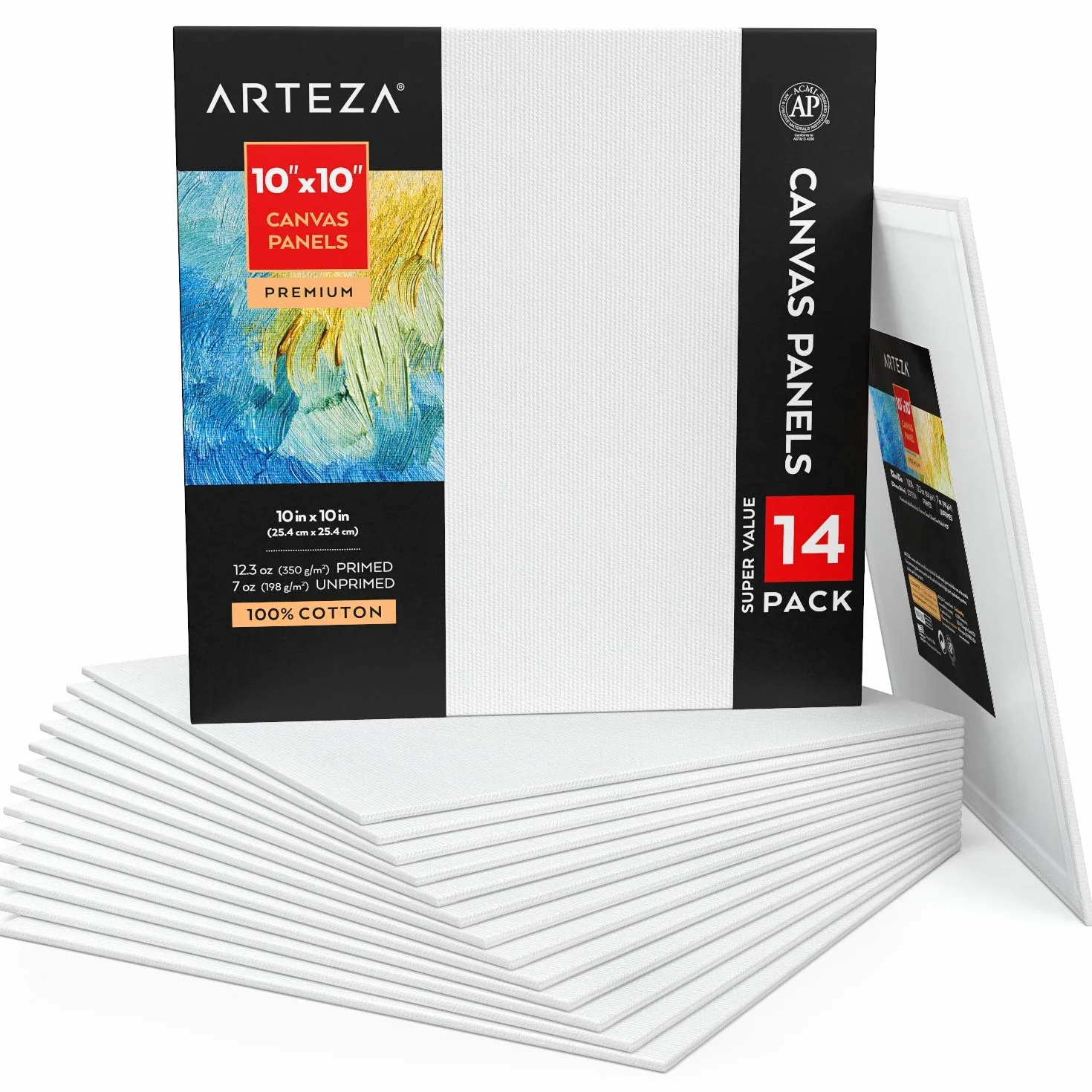 ARTEZA Paneles de lienzo en blanco, 10”x10” (25,4 x 25,4 cm), pack de 14, 100% algodón, imprimación 350 gsm, sin ácido, para pintura acrílica y al óleo, artistas, pintores aficionados y principiantes