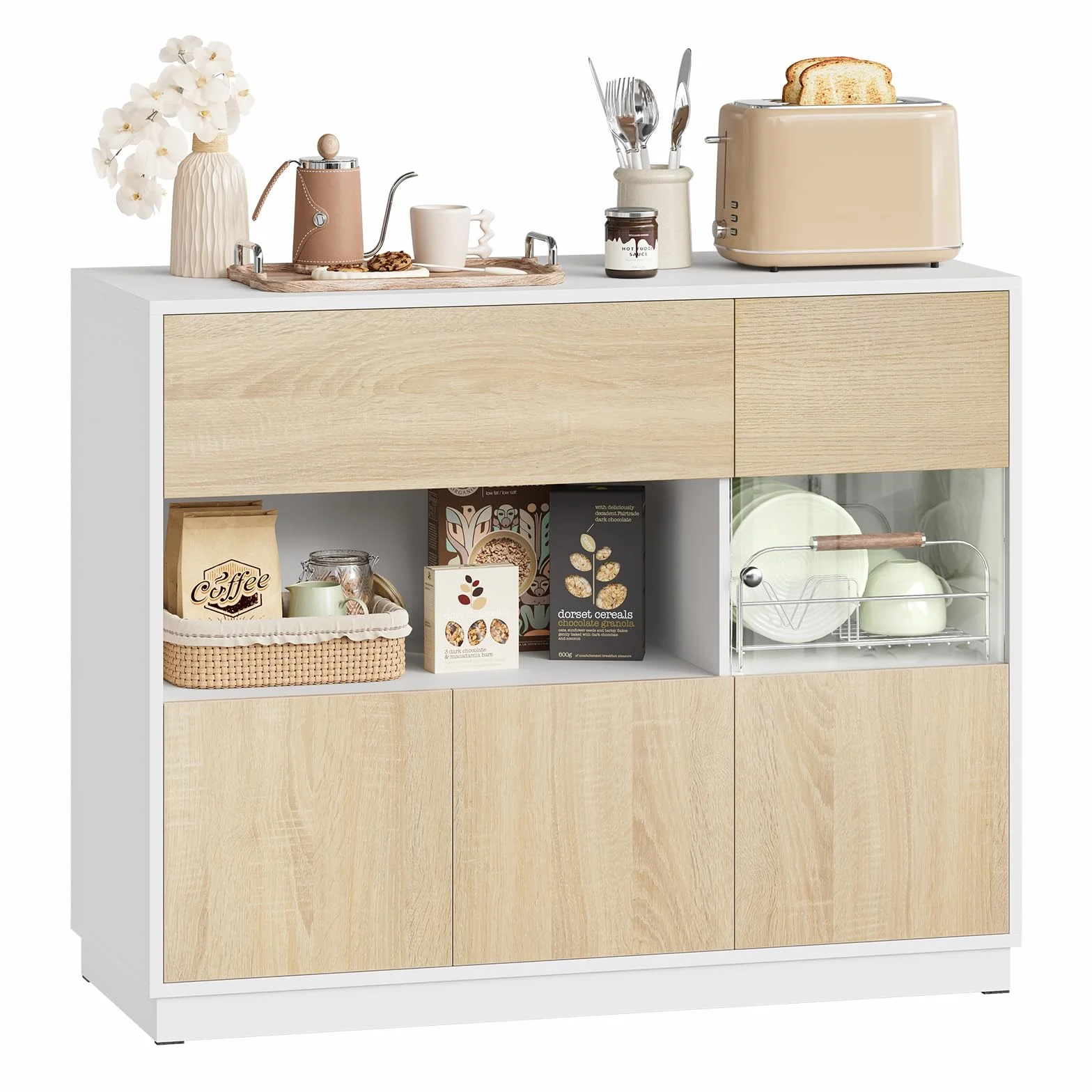 WOLTU Aparador Cocina, Buffet Cocina con Cajones, Zona Abierta y Puerta Transparente, Mueble Auxiliar para Comedor, Salón y Cocina, 100x40x80 cm, Roble Claro+Blanco