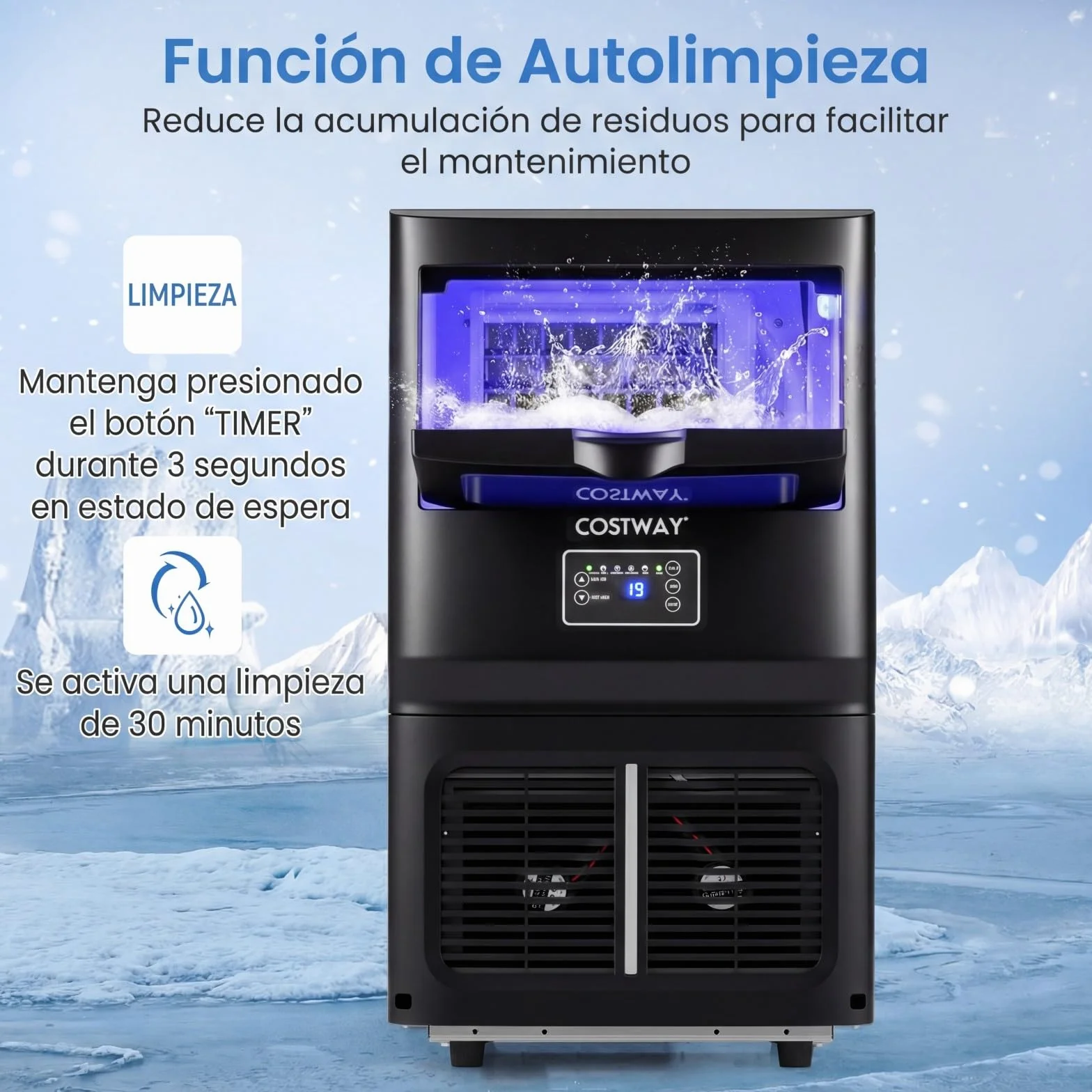 COSTWAY Maquina de Hielo Comercial, 25-30 kg/24H, 24 Cubos en 15-17 Minutos, Maquina de Hacer Hielo, Ice Maker de Acero Inoxidable con Autolimpieza, 34,4 x 35,6 x 62,3 cm