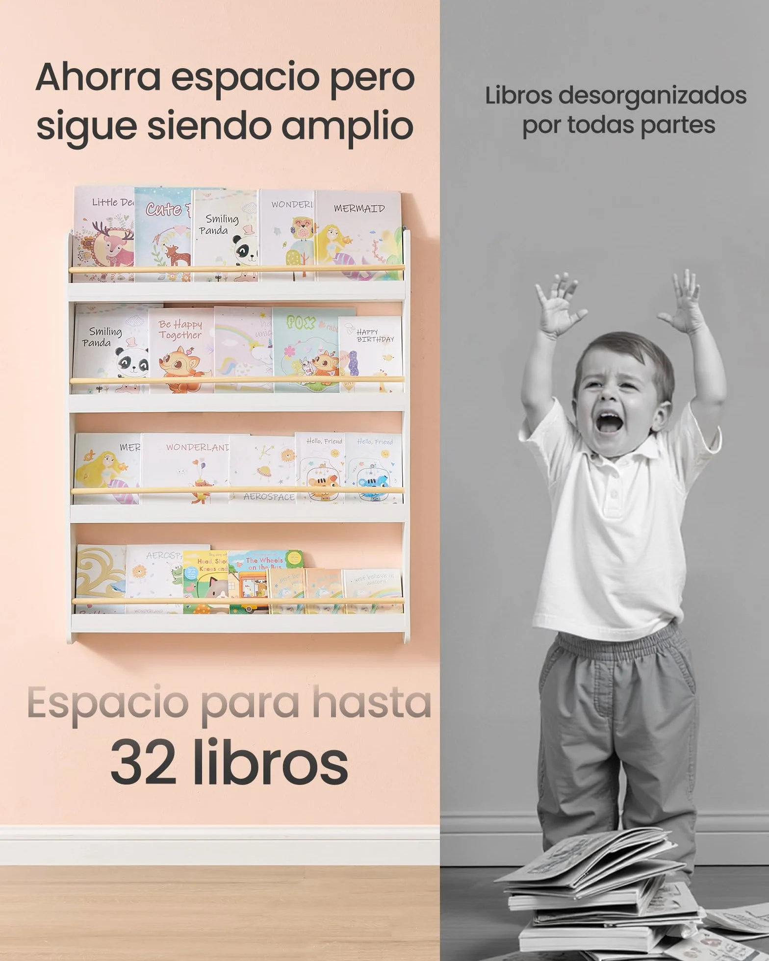 SONGMICS Estantería Infantil 4 Niveles Estante de Pared para Juguetes Blanco y Natural GKR014W01