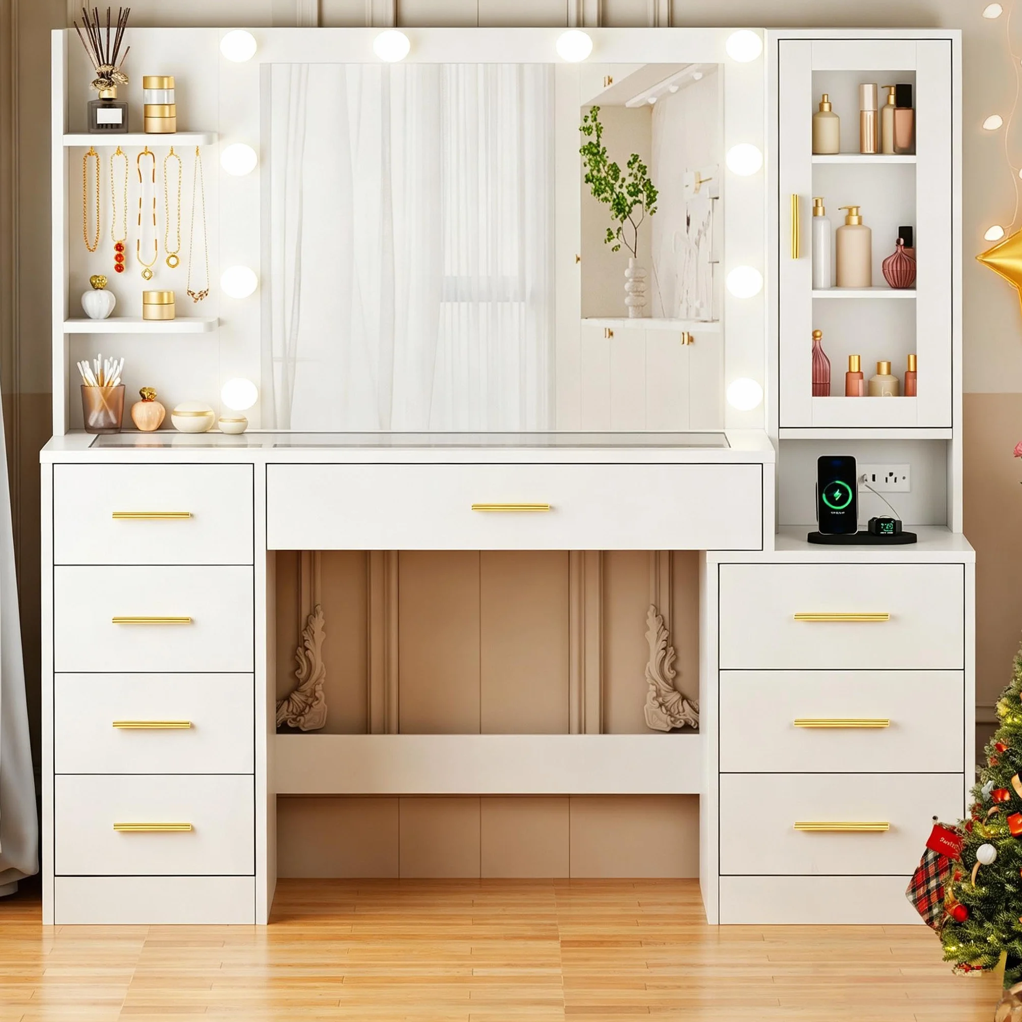 ANWBROAD Grande Tocador con Espejo y Luces LED Regulables Tocador de Maquillaje con Vidrio y Enchufes,Mesa de Maquillaje con 8 cajones 3 estantes Abiertos y 5 Ganchos para Joyas Moderno Blanco BDT88W