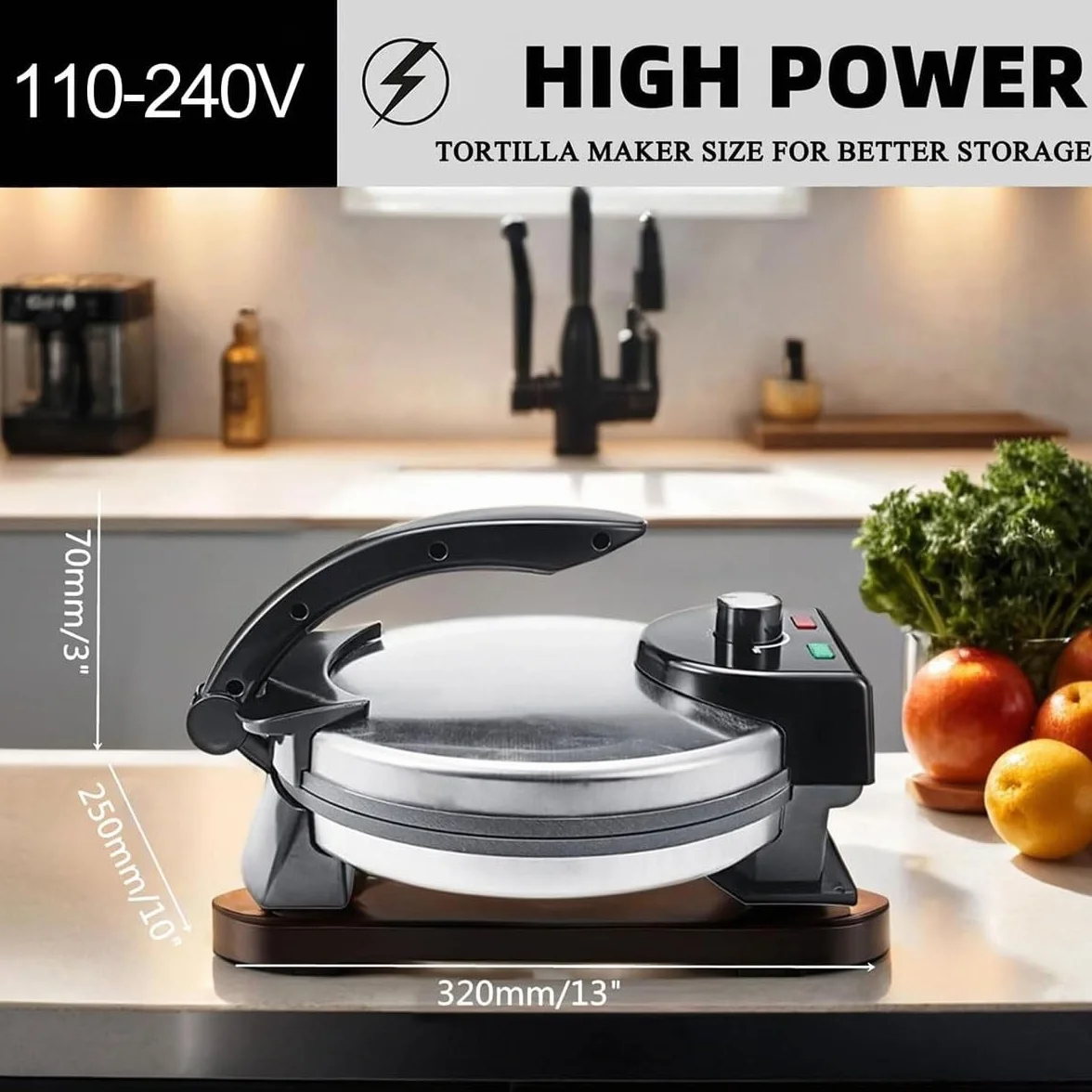 Chapati Maker eléctrico, Máquina for prensar tortillas Roti Maker de 1800 W, máquina automática antiadherente con temperatura ajustable, con placa de cocción de 10'' y calentamiento de doble cara