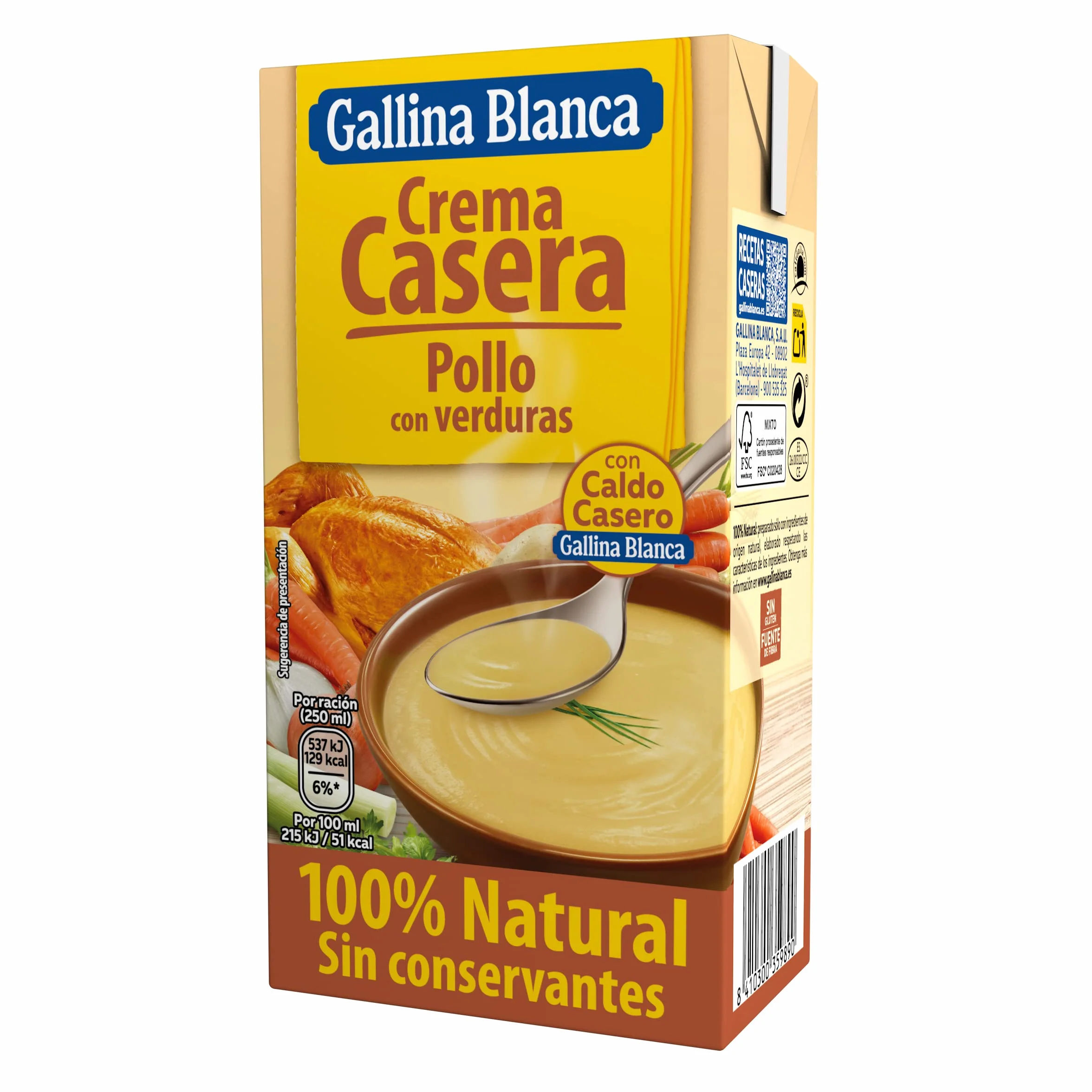 Gallina Blanca Crema Casera de Pollo con Verduras 100% Natural, 500 ml