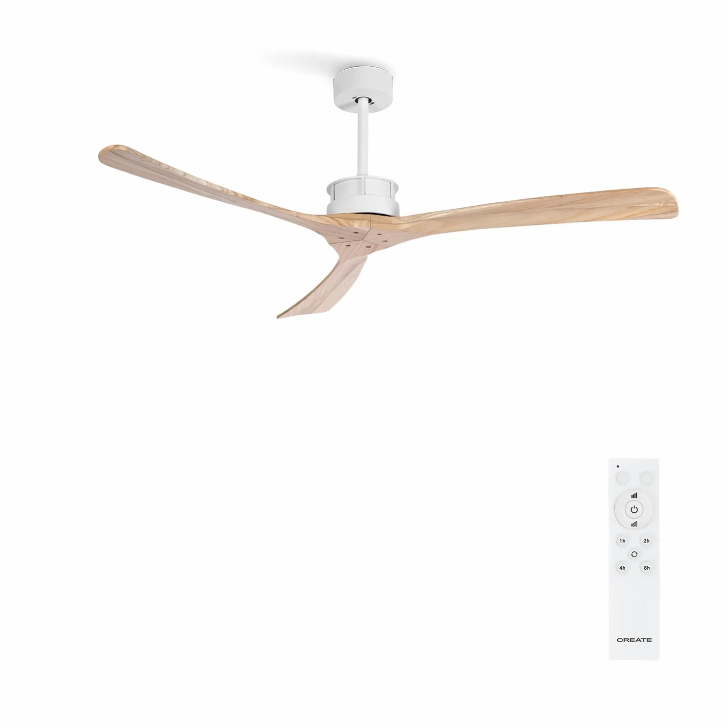 CREATE / WINDLARGE/Ventilador de techo blanco aspas madera natural con mando / 40W, XL, silencioso, 6 velocidades, Ø152 cm, temporizador, 2 alturas, función verano-invierno