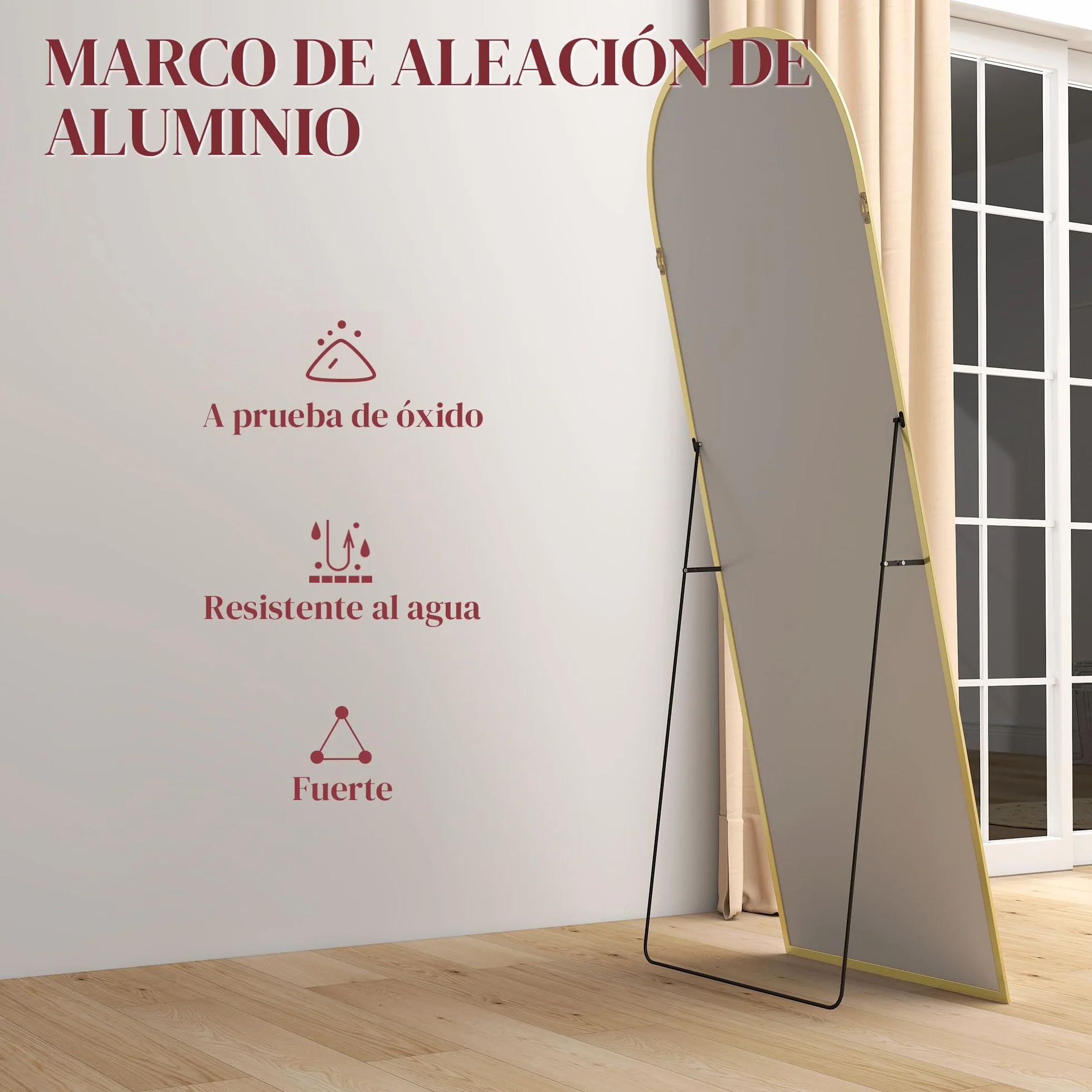 HOMCOM Espejo de Pie Cuerpo Entero de Aleación de Aluminio Espejo de Pared con 2 Formas de Uso Rectangular 60x1,5x165 cm Dorado