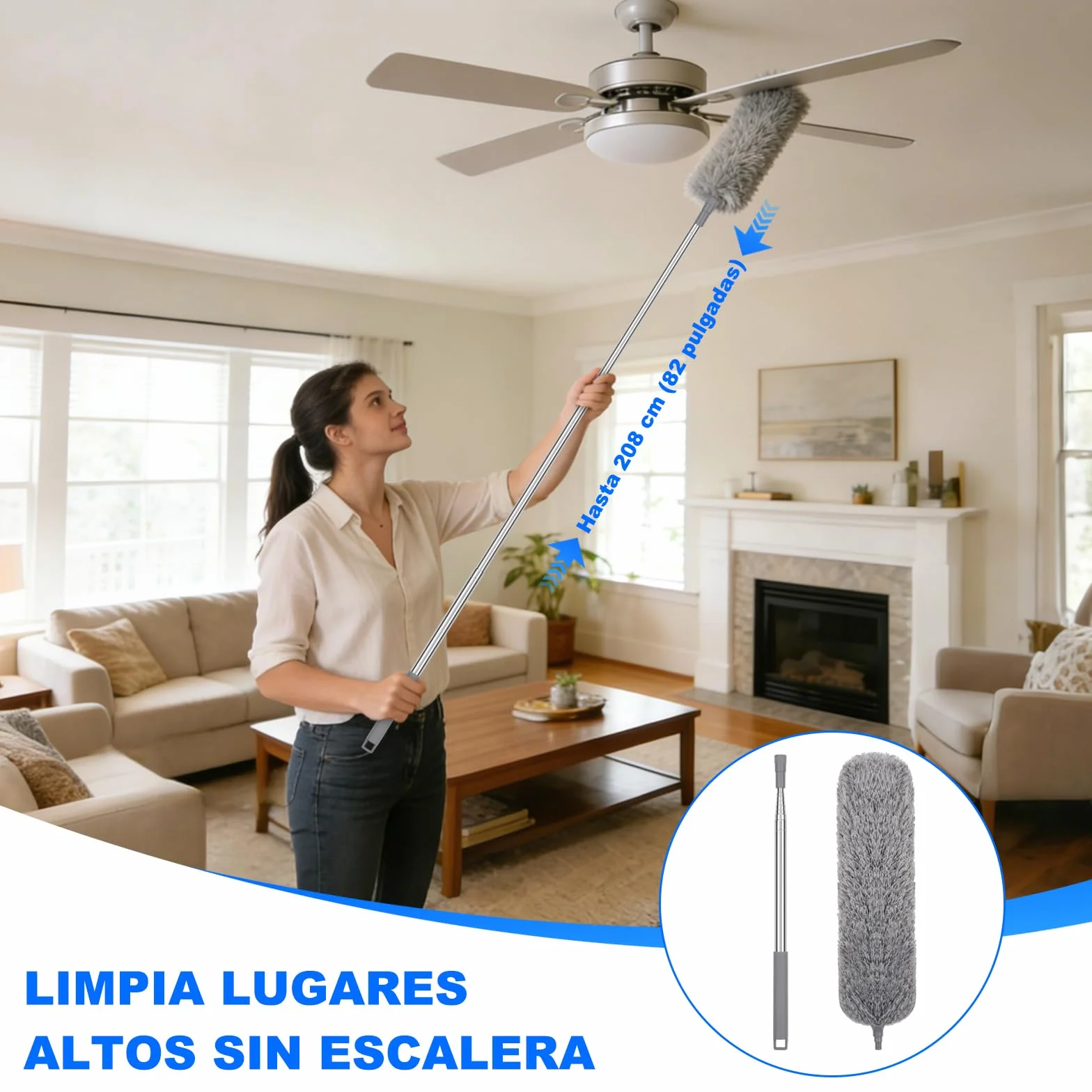 Plumero con Poste Telescópico Largo, 2 Cabezales de Microfibra Lavables, Herramienta de Limpieza Extensible para el Hogar