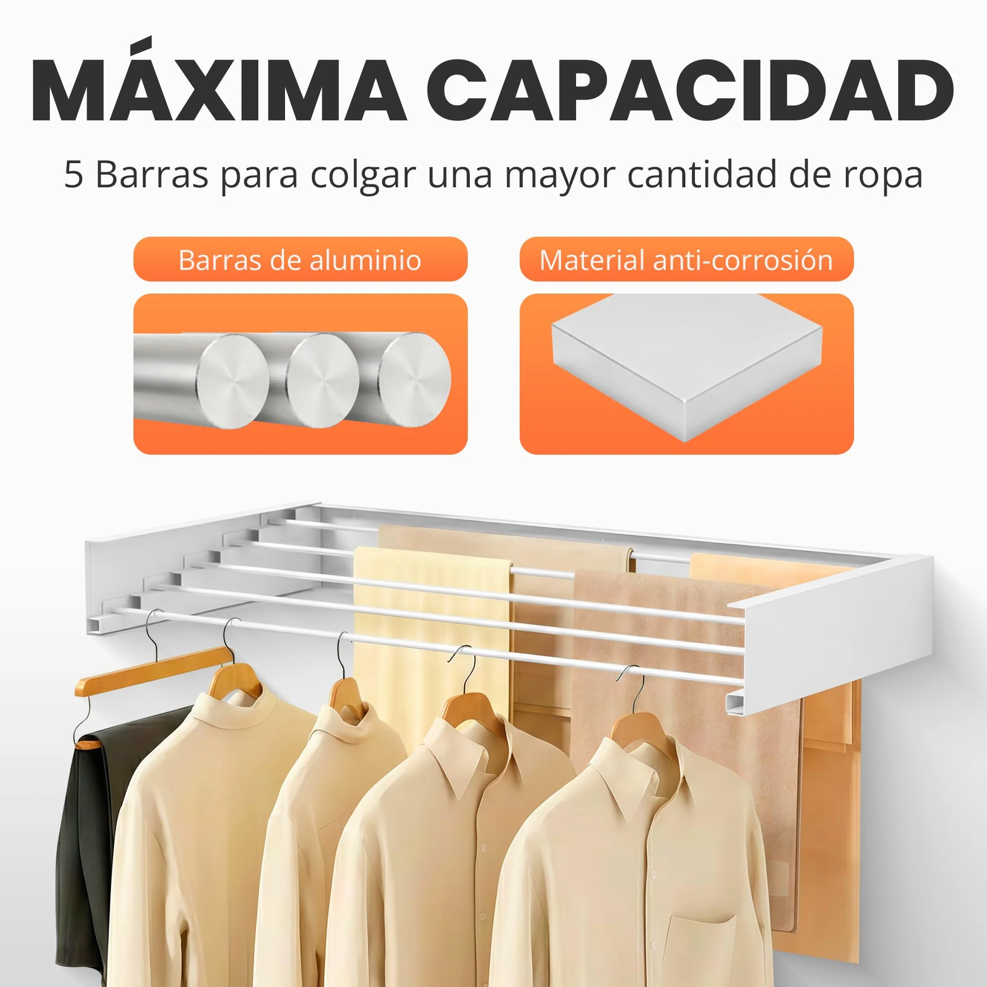 Tendedero Pared Plegable Retractil 120cm, 30 kg Capacidad, Blanco