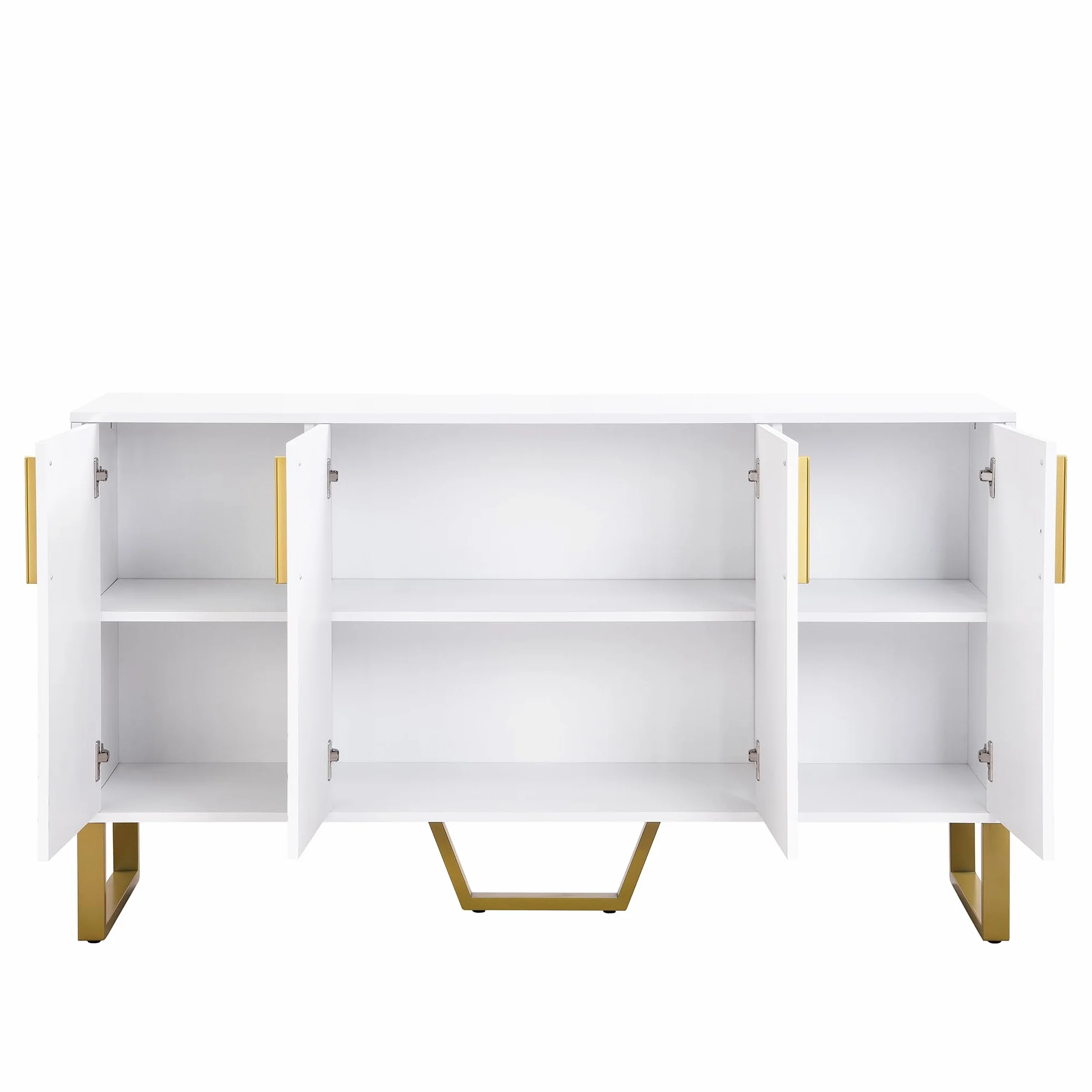 Aparador brillante, 4 puertas, tiradores y patas de metal, diseño geométrico en blanco, 140L*40L*80H, apto para salas de estar