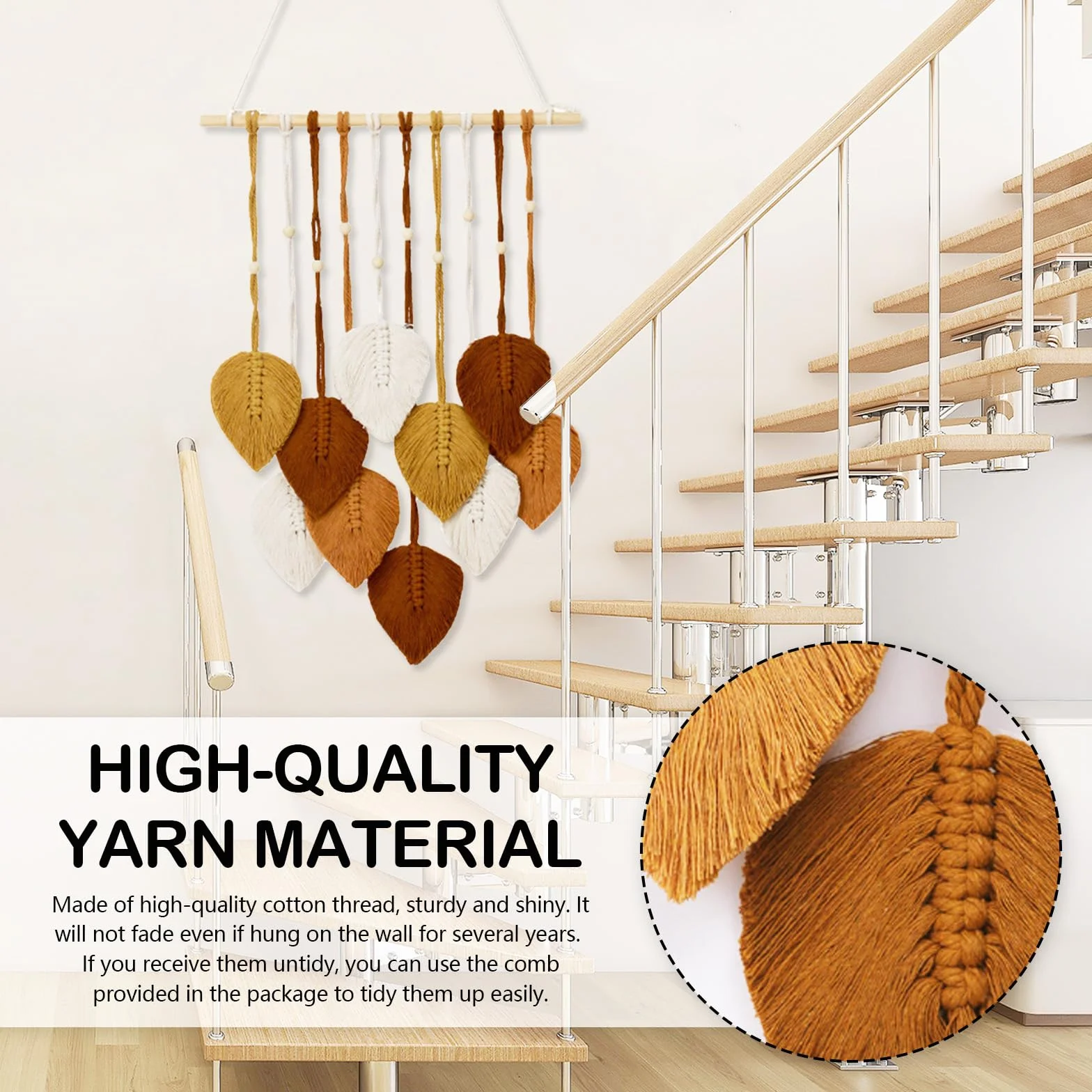 Tapiz Bohemio Hecho A Mano Decoración De Pared 2PCS Colgante Tejido Con Plumas Hojas Y Cuentas De Madera