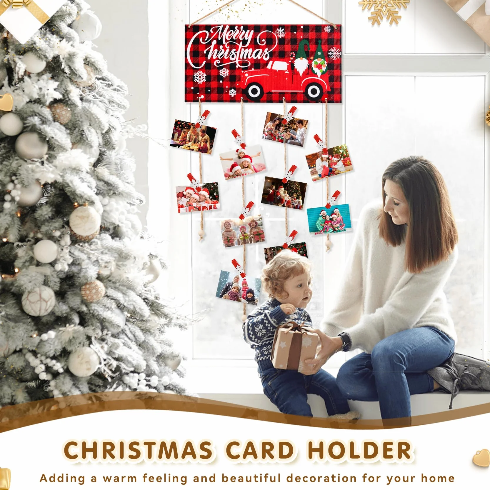 Tarjetero de Navidad de madera para colgar en la pared con 30 clips de fotos de madera de copo de nieve para pared, exhibición de tarjetas de felicitación de Navidad para decoración de pared de fiesta