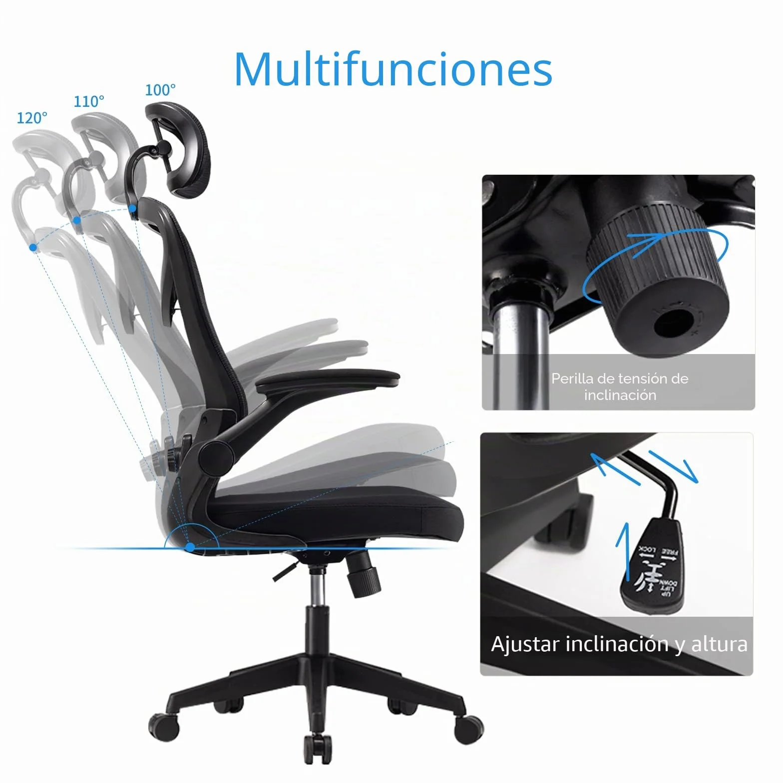 Magic Life Silla de Escritorio Ergonómica Reposabrazos Abatible 90° Soporte Lumbar Ajustable Giratoria 360° Mecedora (Negro)