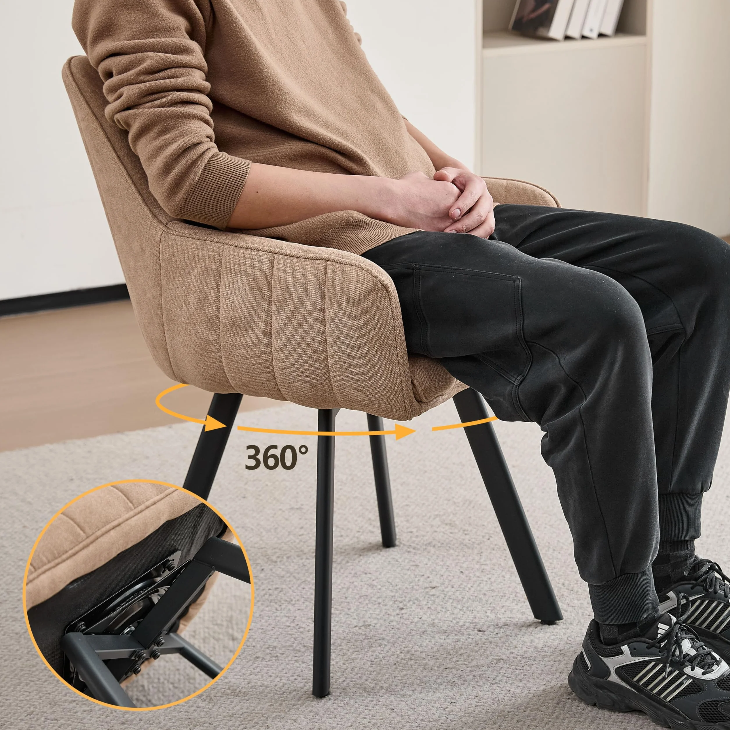 Juego de 6 Sillas de Comedor con Brazos, Sillas de Cocina Tapizadas en Lino, Patas Metálicas Giratorias 360°, Aptas para Comedores, Cocinas y Salas de Estar, Caqui