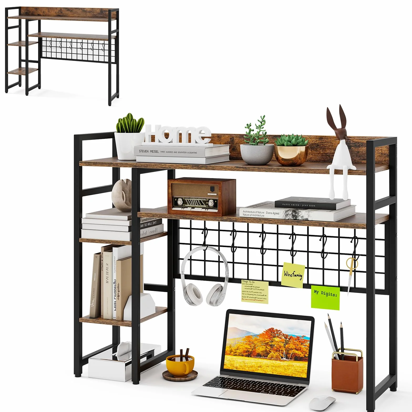 HOMASIS Estantería de Escritorio De 4 Niveles con 6 Ganchos Y Rejilla, Estantería de Madera y Metal, Organizador de Mesa con Bloqueo Antivuelco para, 94 x 25 x 73,5 cm (Marrón)
