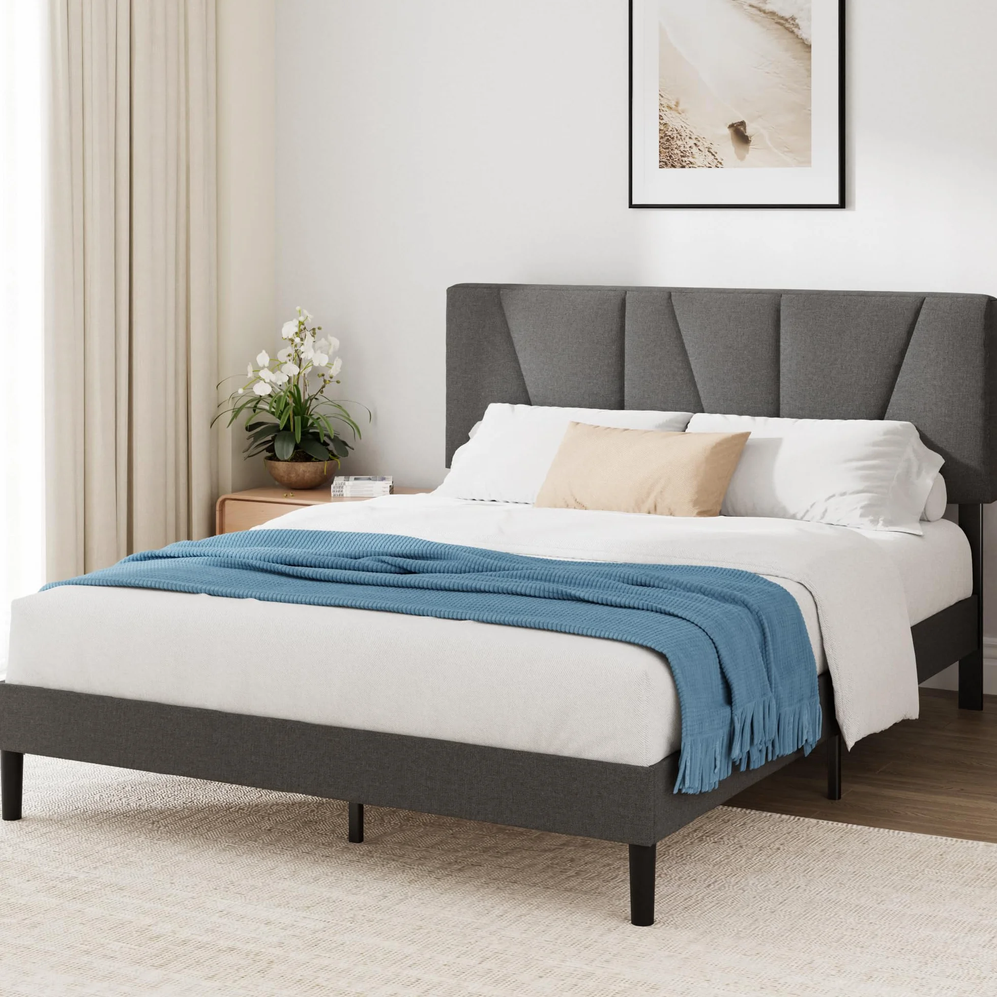 Zinus Maya Estructura Cama 150x190 cm Queen Size Tapizada con Cabecero Láminas de Madera Gris Oscuro