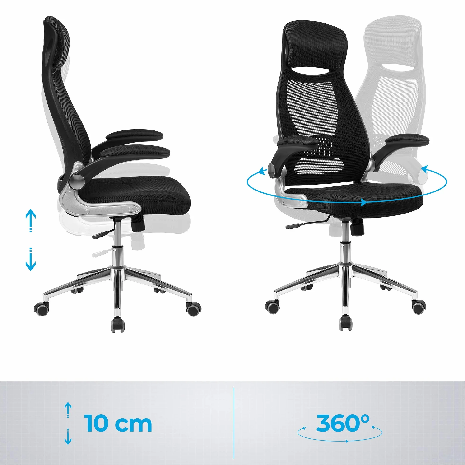 SONGMICS OBN86BK Silla Giratoria de Oficina de Malla con Reposacabezas, Mecanismo Sincronizado y Altura Ajustable, Negro