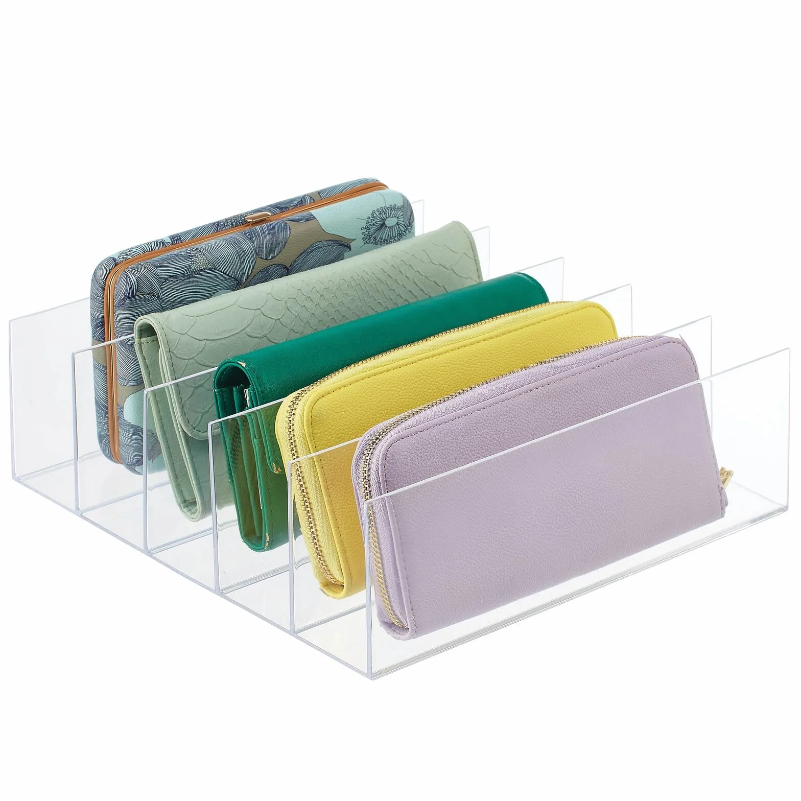 mDesign Expositor de plástico para bolsos de mano – Prácticos soportes para carteras, monederos, billeteros, etc. – Organizador de bolsos con 5 compartimentos – Juego de 4 – azul transparente