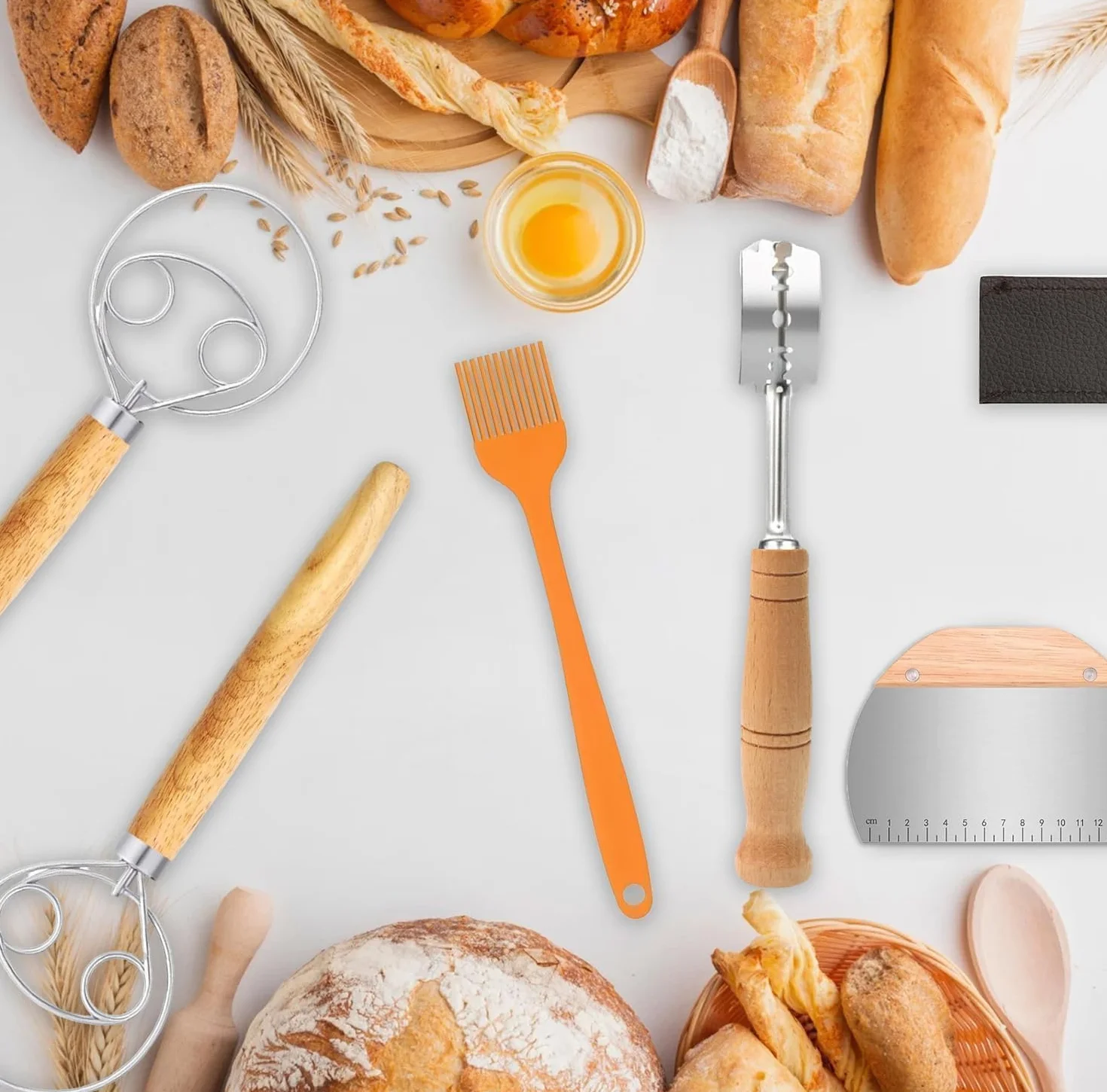Accesorios para masa madre: cuchillo de panadero (5 piezas), cuchilla para pan, raspador de masa, herramienta para cortar pan (2 piezas), batidor danés con 5 cuchillas de panadero y funda protectora d