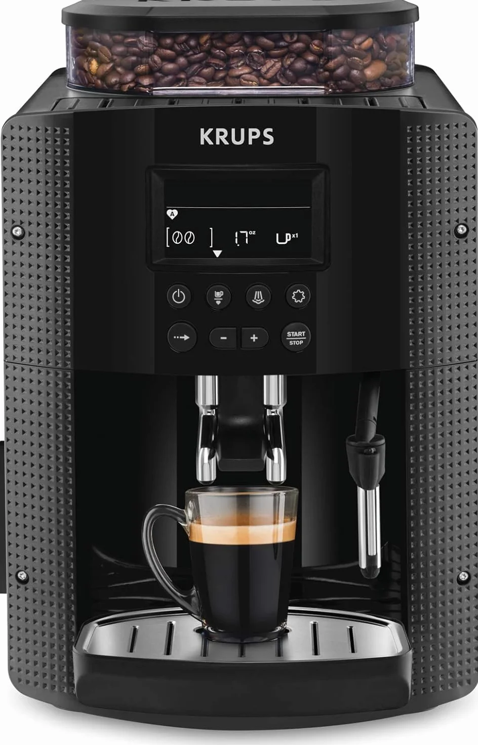 Krups Máquina de café Essential, molinillo de granos, cafetera espresso, pantalla LCD, limpieza automática, boquilla de vapor para capuchino negro YY8135FD
