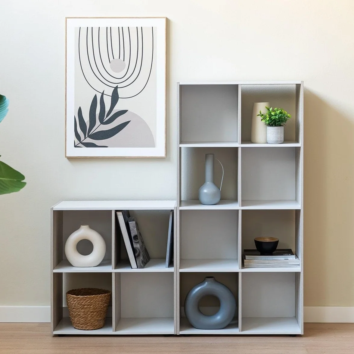 Estantería librería Cubo de 4 Huecos y 2 Niveles Madera Beige y Blanca 62x60x29 cm Mueble para Salón Oficina