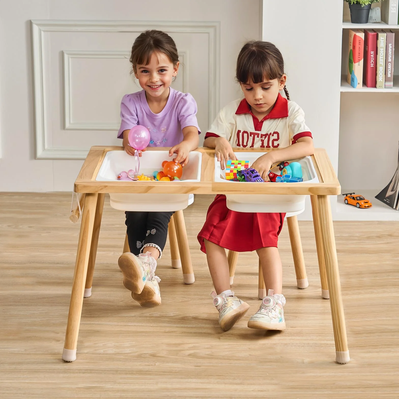 VEVOR Mesa Sensorial para Niños con 2 Taburetes, Contenedores y Soporte para Rollos de Papel, Juego de Agua y Arena