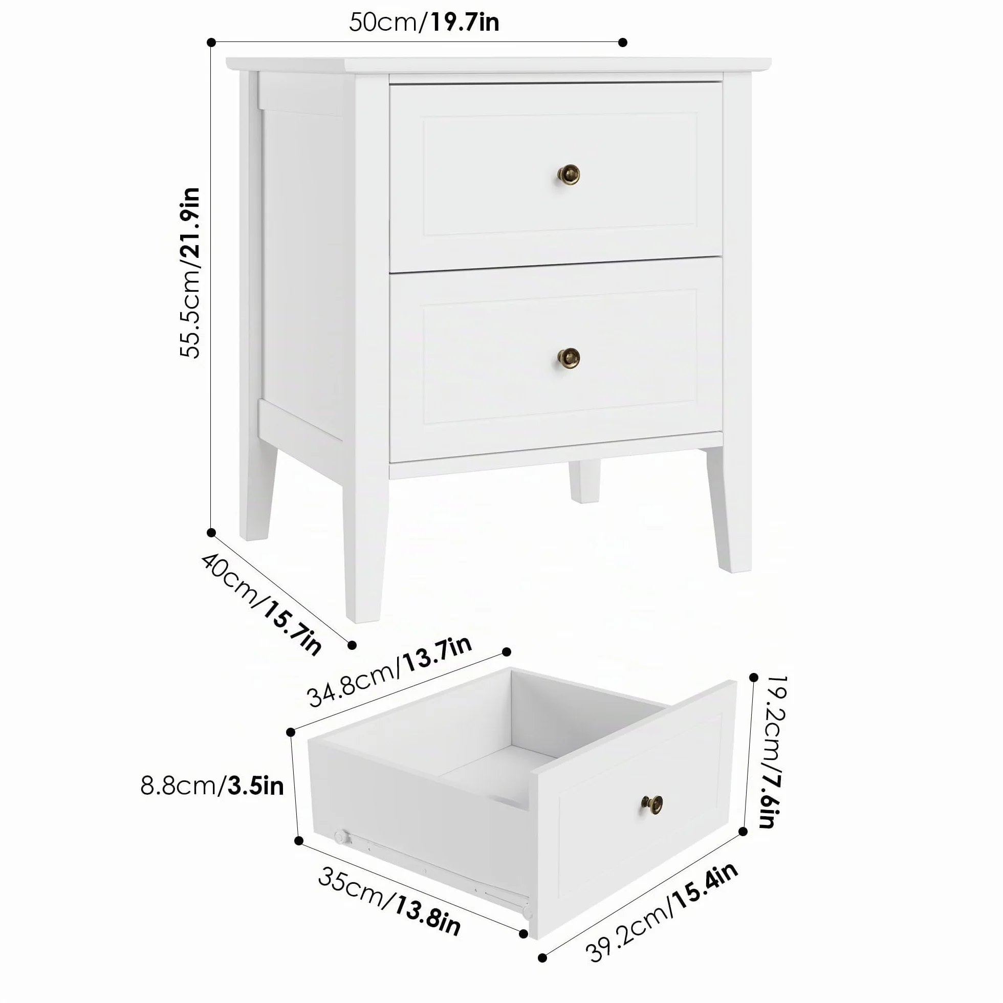 FOREHILL Mesitas de Noche Pack 2 Blanca, Mesillas de Noche con 2 Cajones, Mesitas de Noche Dormitorio, Mesas de Noche, Moderno, Madera, 50x40x55,5cm