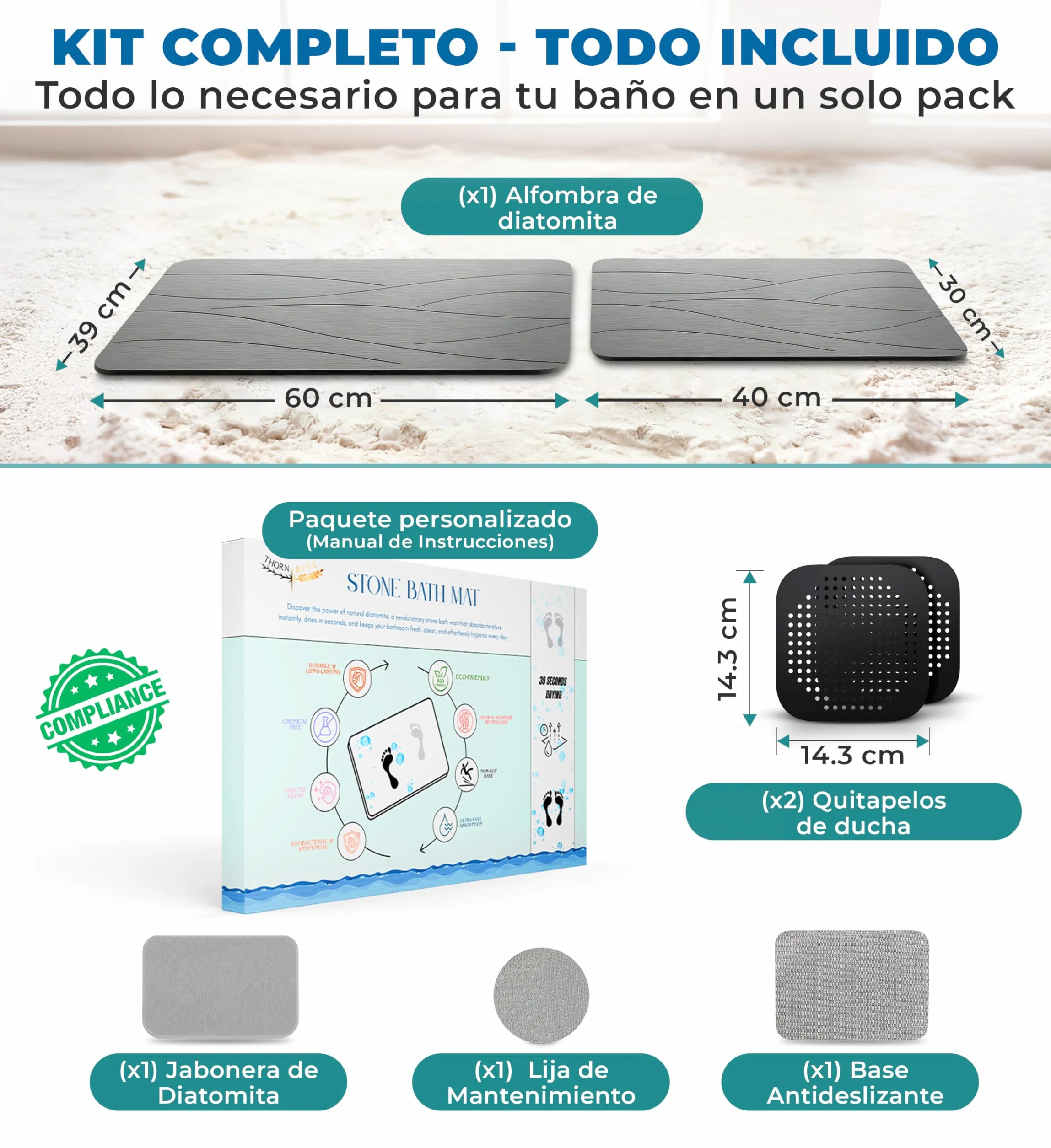 Alfombra Diatomita Baño Antideslizante Antibacteriana Secado Rápido 60x39 cm Gris Oscuro