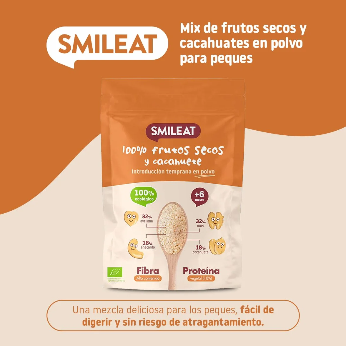 Smileat Snack de Frutos Secos y Cacahuetes Molidos Ecológico Sin Azúcar Añadido Sin Gluten 200g