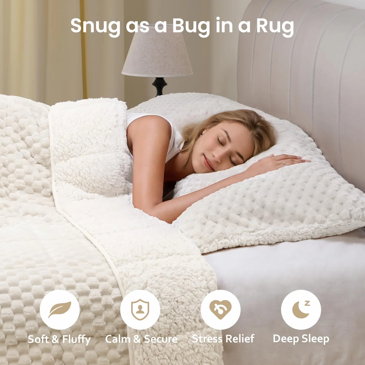 Drewin Manta con peso tamaño Queen de 15 libras, suave y acogedora manta con peso de sherpa jacquard para adultos, manta de cama gruesa ultrasuave para dormir y calmar, 60 x 80 pulgadas, color blanco