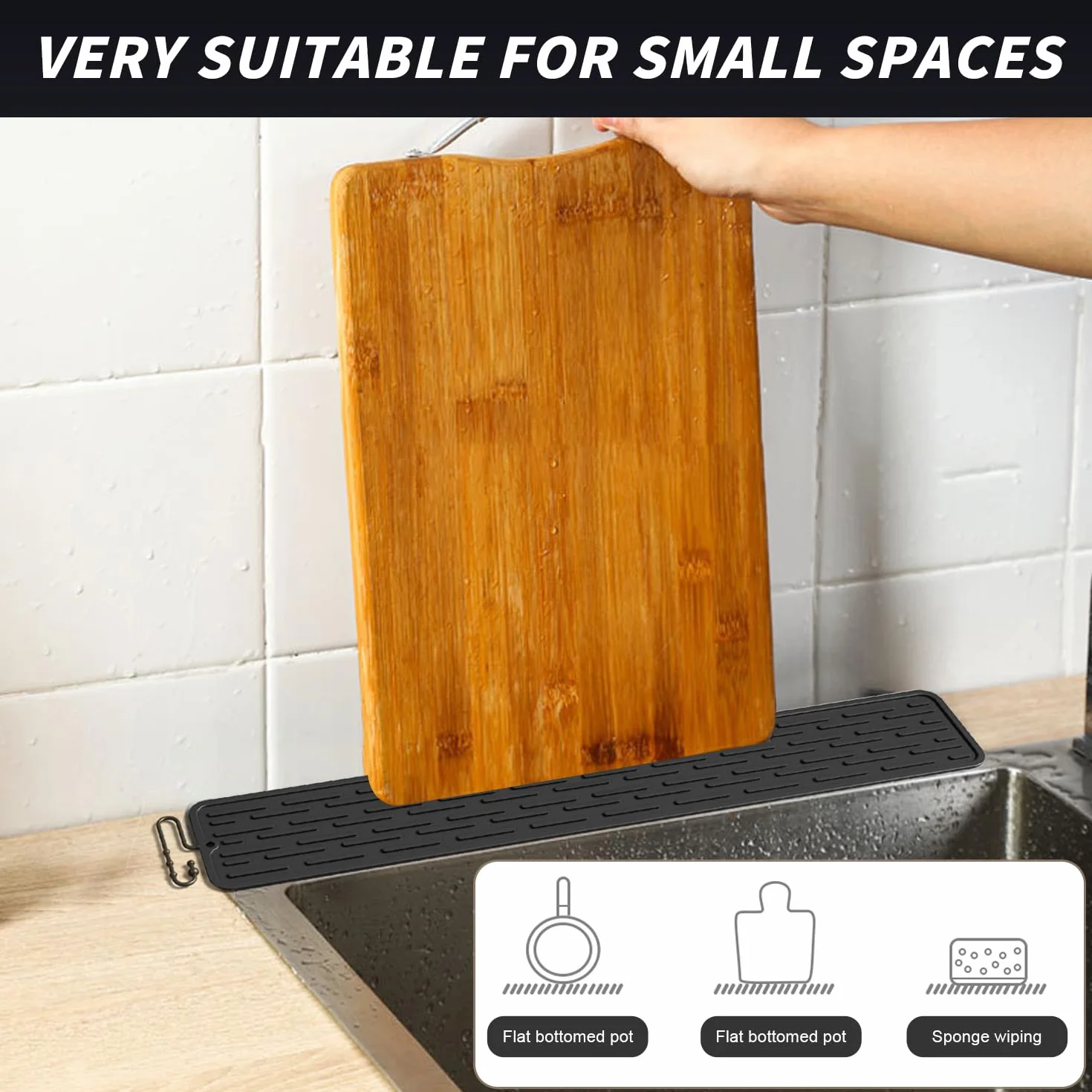 Alfombrilla Escurreplatos Estrecho, 2 Piezas Antideslizante Alfombrilla de Bar, Almohadillas Escurridor de Silicona para Vasos Botellas Tabla de Cortar, Negro