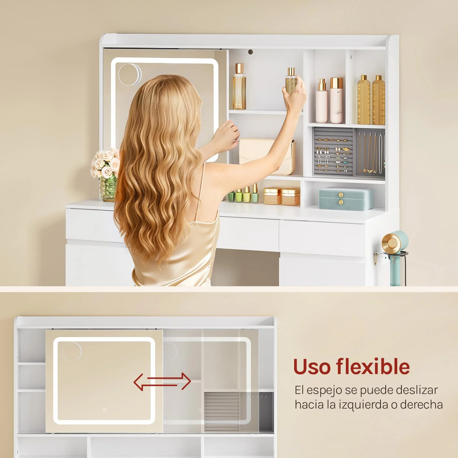 WOLTU Tocador de Maquillaje con 9 Cajones, 1 Bandeja de Joyas, Mesa Tocador Blanco con Espejo y Luz LED Ajustable, Estantes Abiertos, Estilo Moderno para Dormitorio