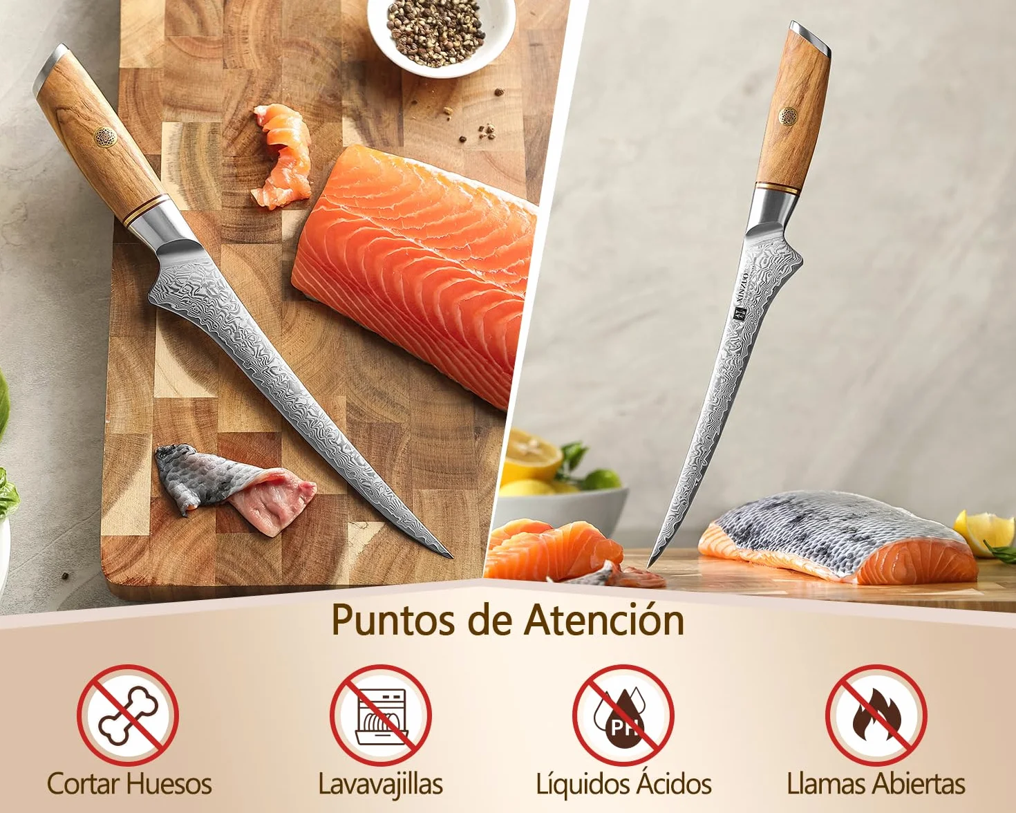 XINZUO Cuchillo de Filete 17,8cm Acero Damasco 73 Capas Mango Olivo