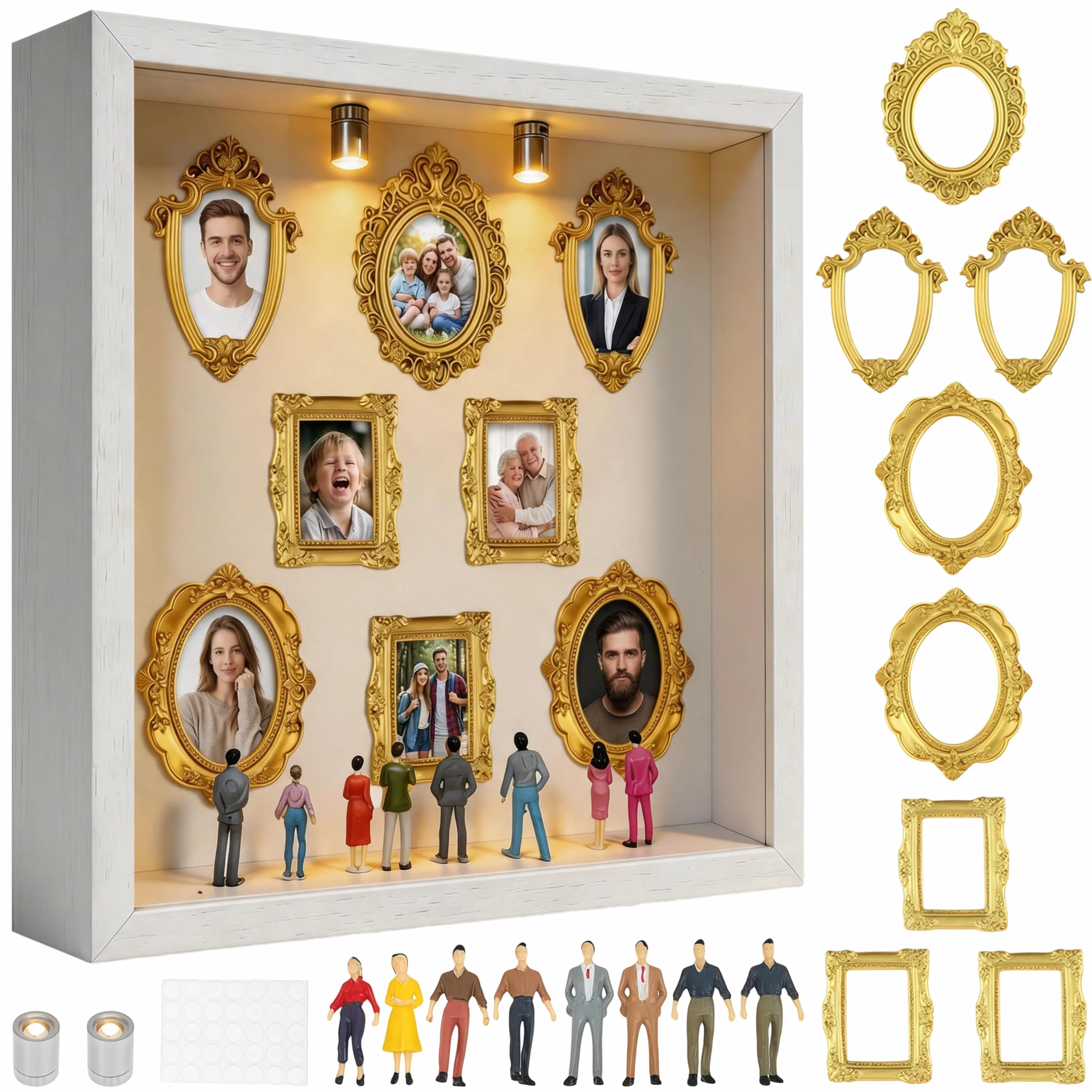 Caja de silueta de museo para manualidades, mini figuras de museo, con mini marco de fotos vintage y miniatura, caja de sombra con luz LED (blanco)
