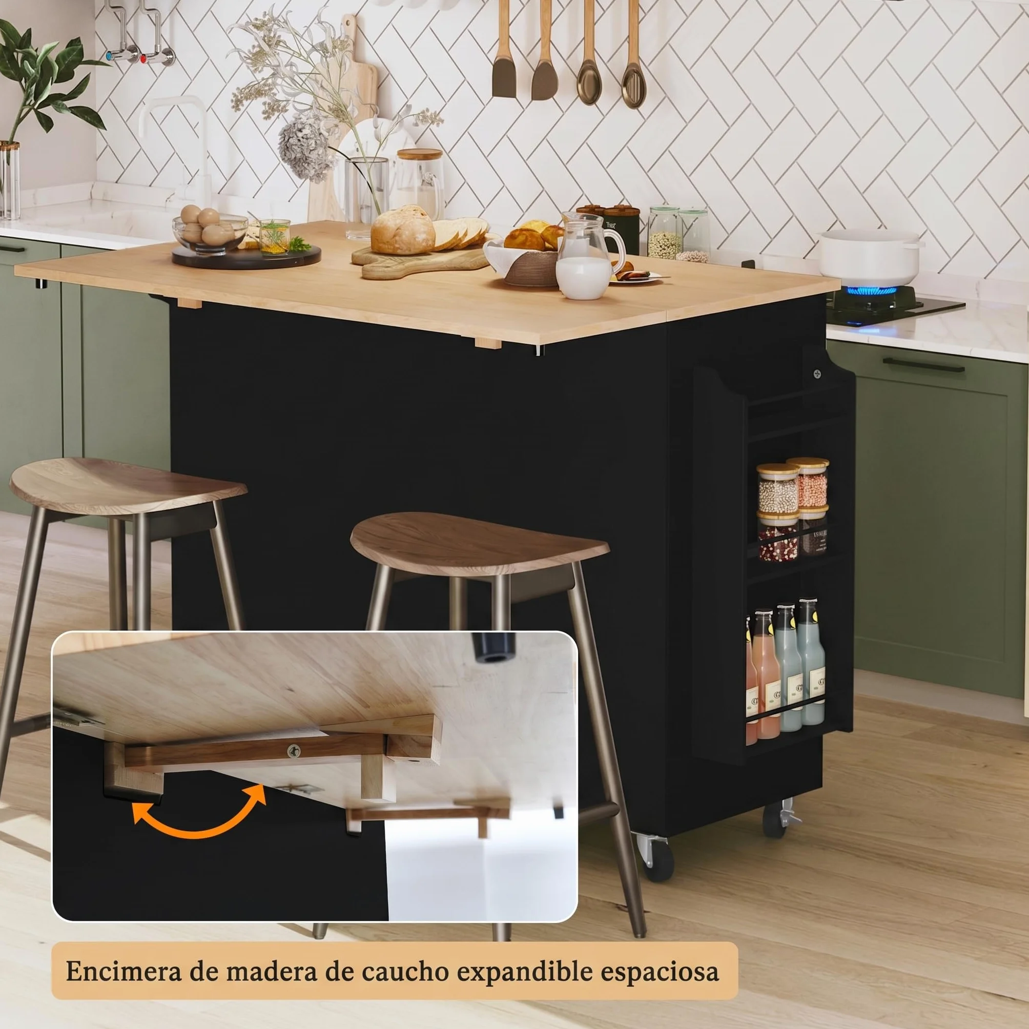 HOLTICO Isla de Cocina sobre Ruedas,Mueble de Cocina con Encimera Extensible de Caucho,3 Estantes Regulables y Especiero de 3 Niveles,para Comedor y Sala de Estar,128x46x91cm,Negro