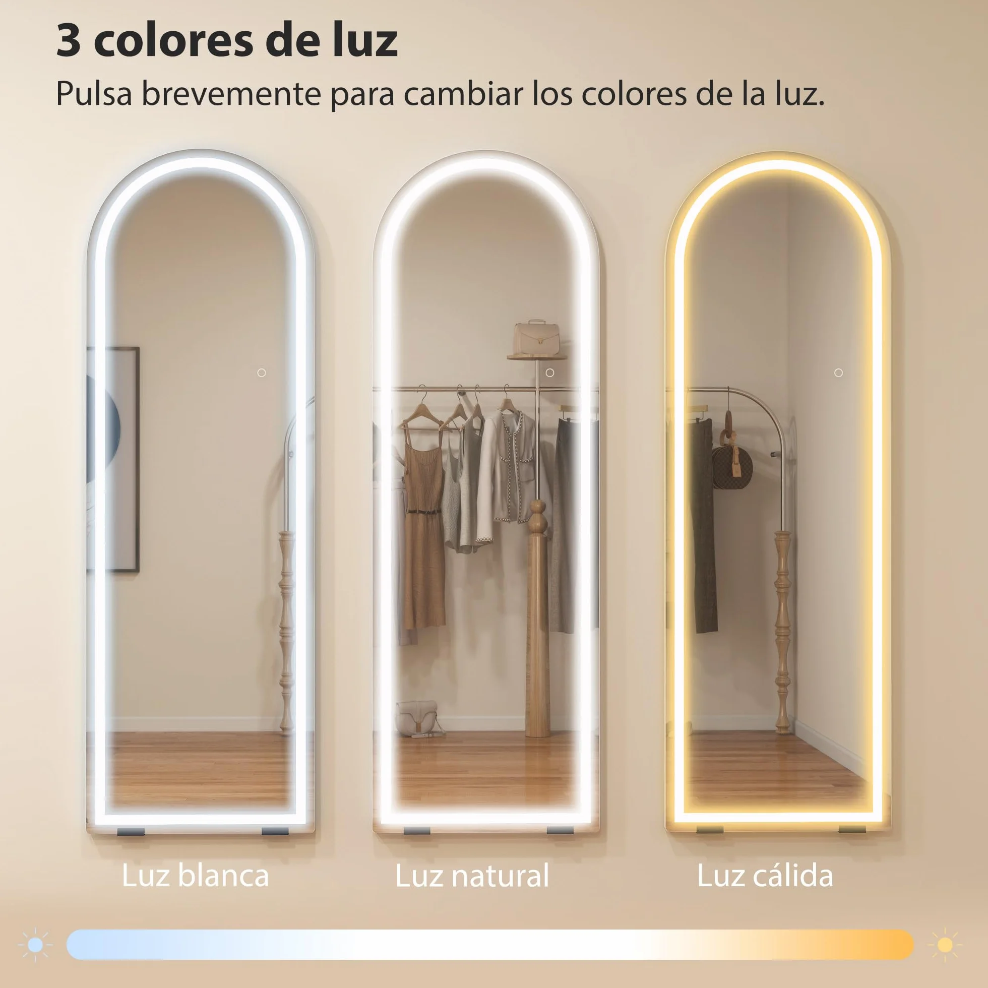 HOMCOM Espejo de Pie Cuerpo Entero con Luces, 150x50 cm, Espejo de Cuerpo Entero Arqueado sin Marco, Color y Brillo Ajustables, Función de Memoria, Independiente, Apoyado y de Pared, Transparente