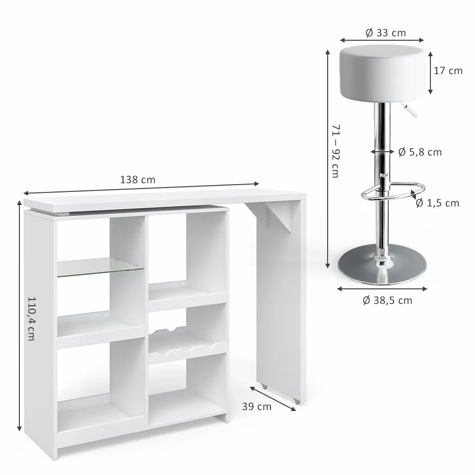 Vicco Set de Mesa de Bar Vega, Blanco, 138 x 39 cm con 2 taburetes de Bar, Plegable con estantes Abiertos para Almacenamiento