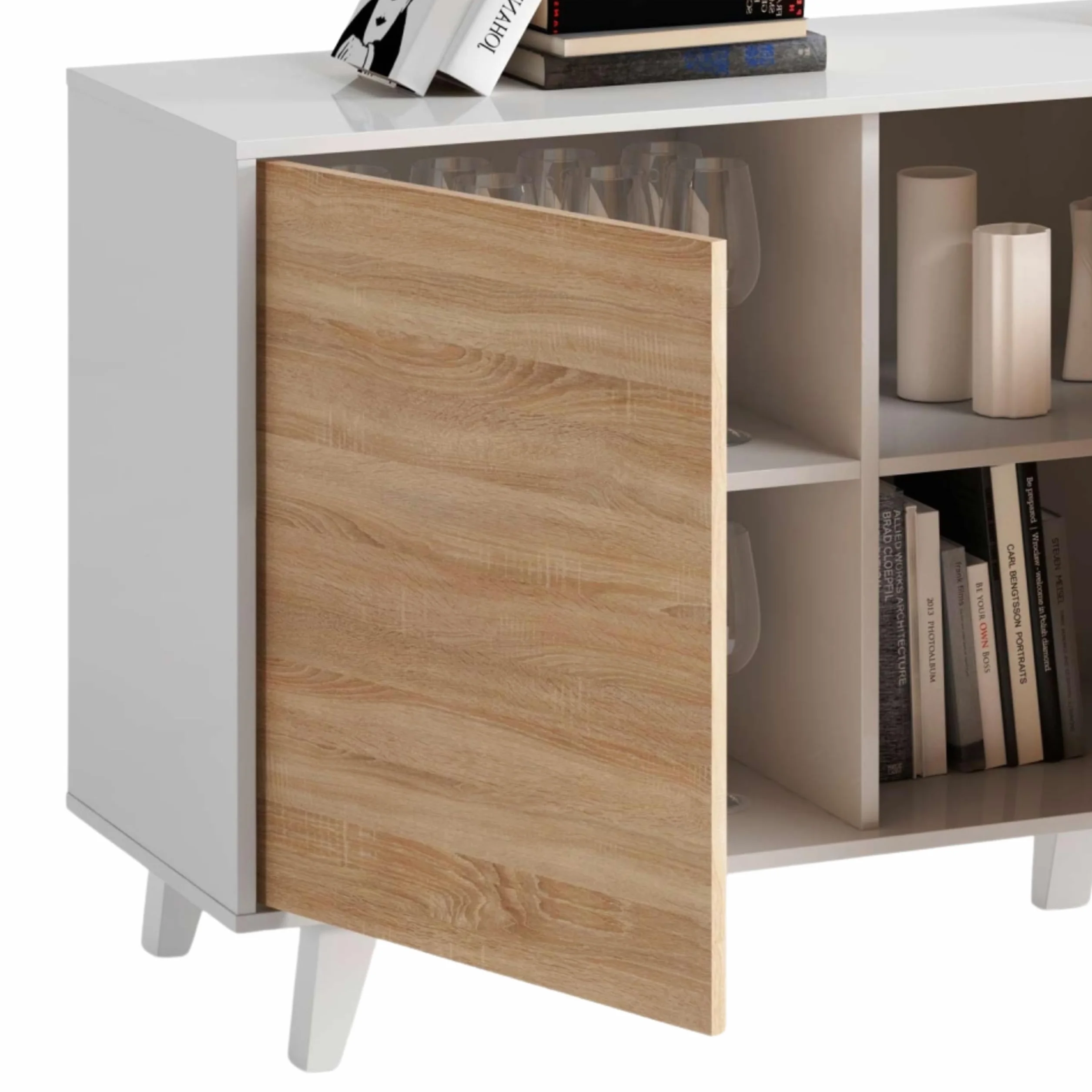 Habitdesign – Aparador Buffet 3 Puertas para Salón o Comedor, Aparador con Patas, Color Blanco Brillo y Roble Canadian, 154x41x75 cm - Zaiken Plus