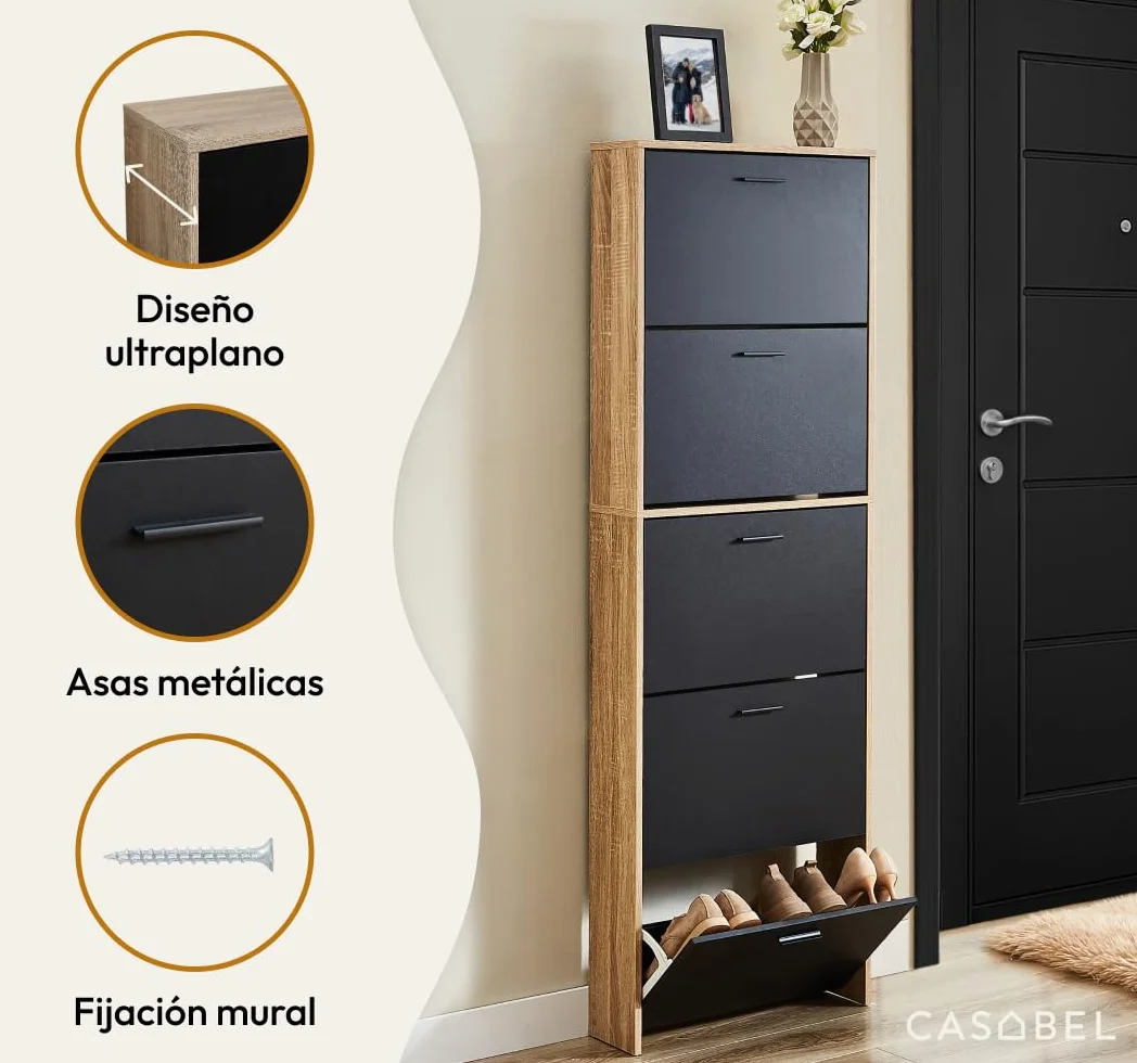 CASABEL Mueble Zapatero Moderno 5 abatibles, Almacenamiento para Zapatos 15 Pares, Negro y Madera, Mueble de Madera, Dimensiones L60xP17xH180 cm, Gran Capacidad, fácil de Instalar