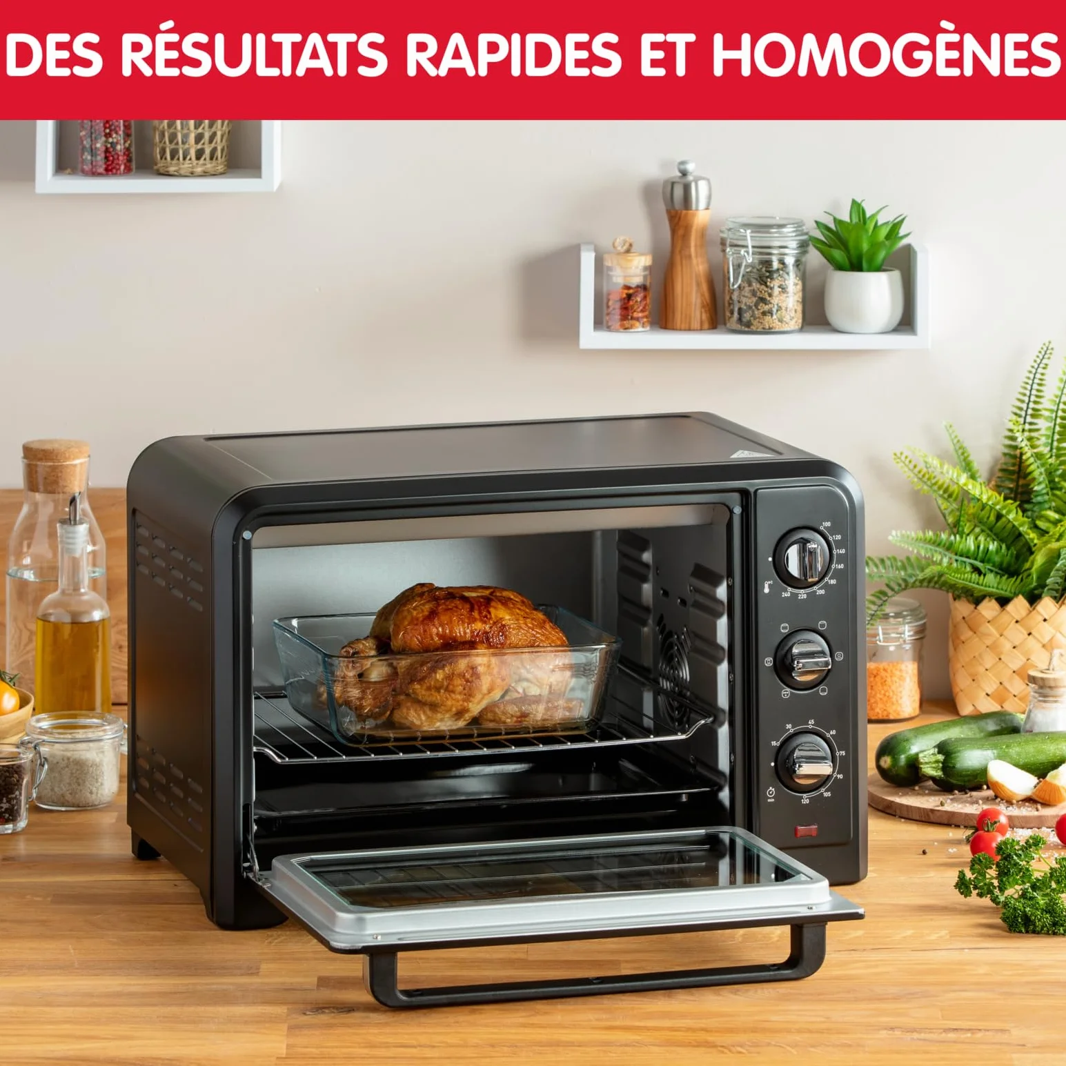 Moulinex - Horno posable 33 L, calor giratorio, convección de punta, 6 modos de cocción, termostato ajustable hasta 240 °C, temporizador 120 min, rejilla reversible, manoplas de silicona, Optimo Negro