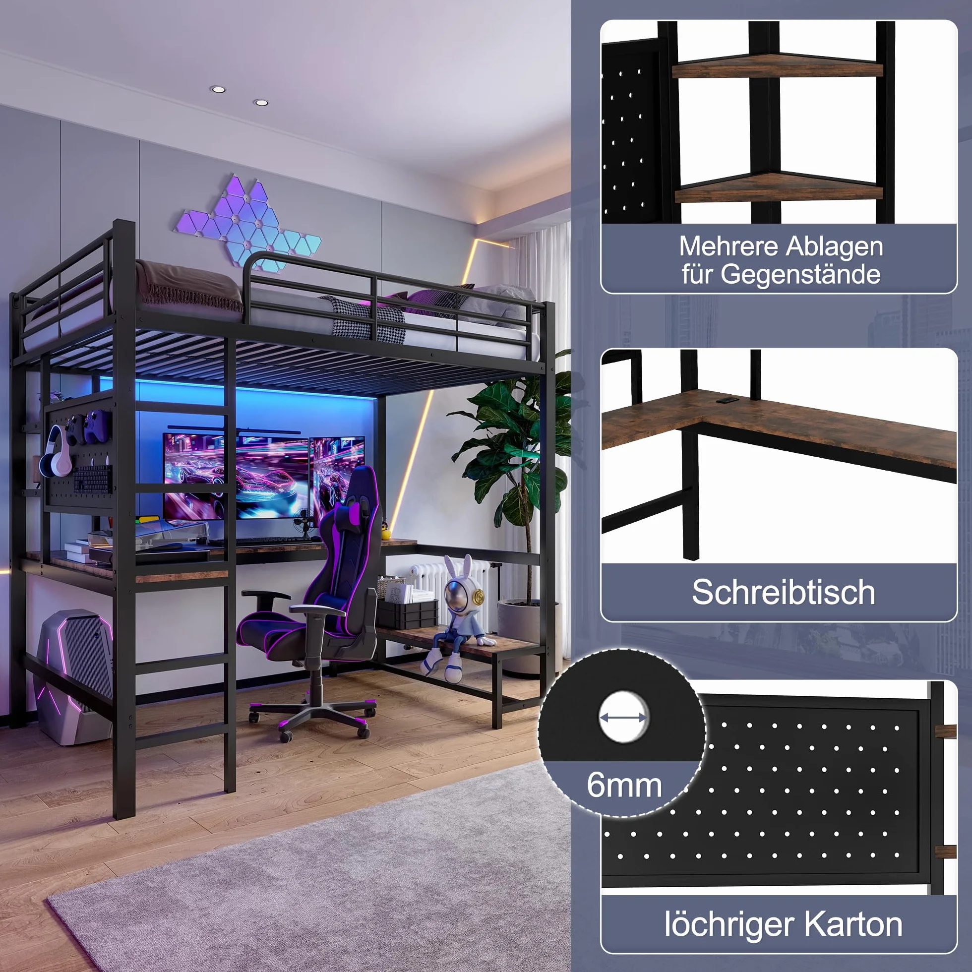 Lubvtti Cama alta 90x200, con escritorio, toma USB+TYPE-C, tira LED, estantes, panel perforado, cama apilable para niños, estructura de cama infantil de hierro (B-Negro)