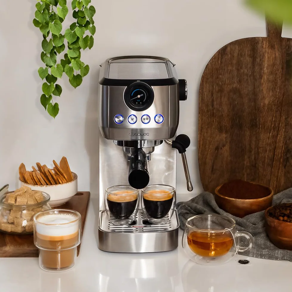 Cecotec Cafetera Espresso Compacta Power Espresso 20 Steel Pro. 1350 W, 20 Bares, Sistema Thermoblock, Vaporizador Orientable, Brazo Portafiltros con Doble salida y 2 Filtros, 1,3 Litros