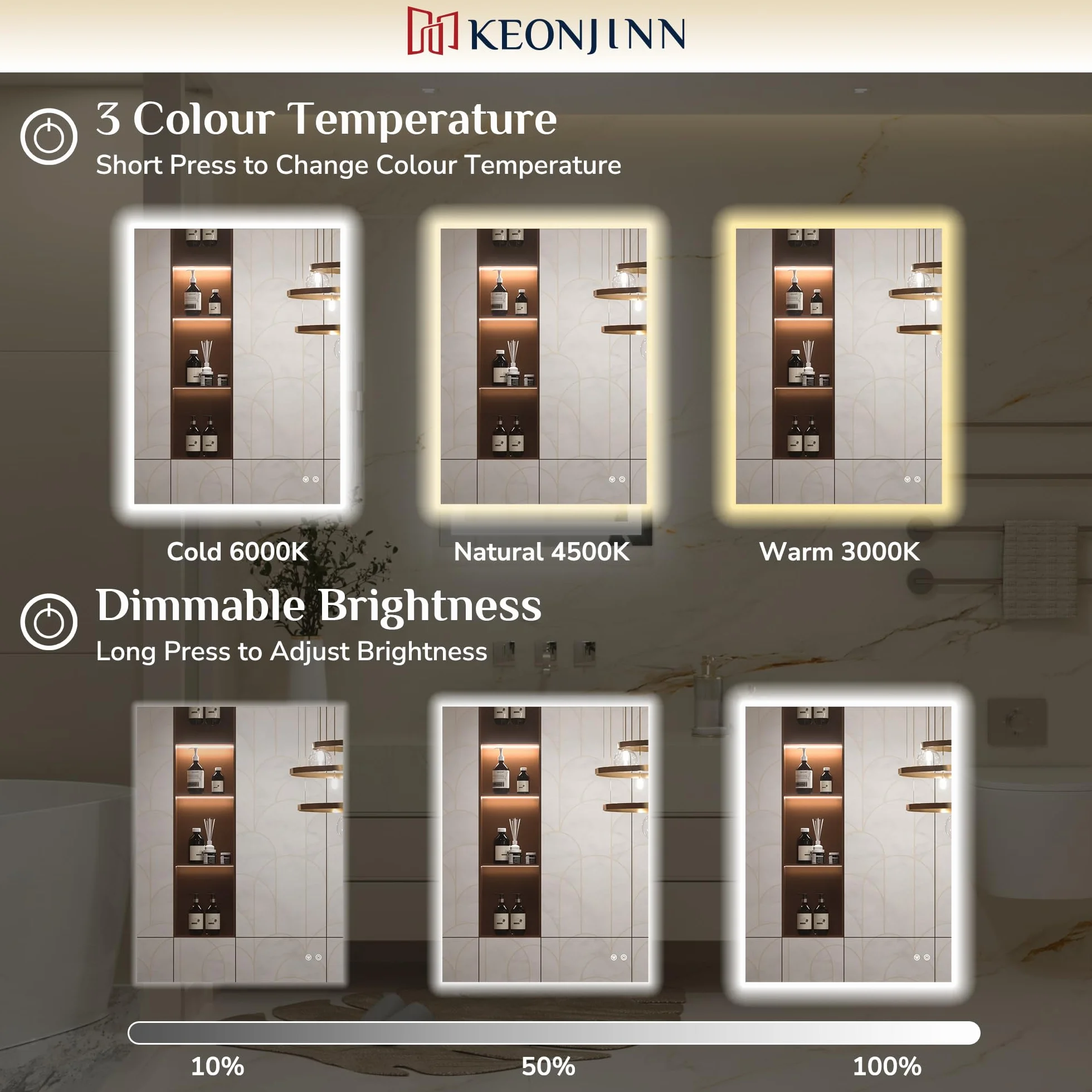Keonjinn Espejo de baño con luces LED, 60 x 90 cm, espejo de baño rectangular iluminado con luz retroiluminada, espejos de tocador antivaho montados en la pared, 3 colores regulables, función de