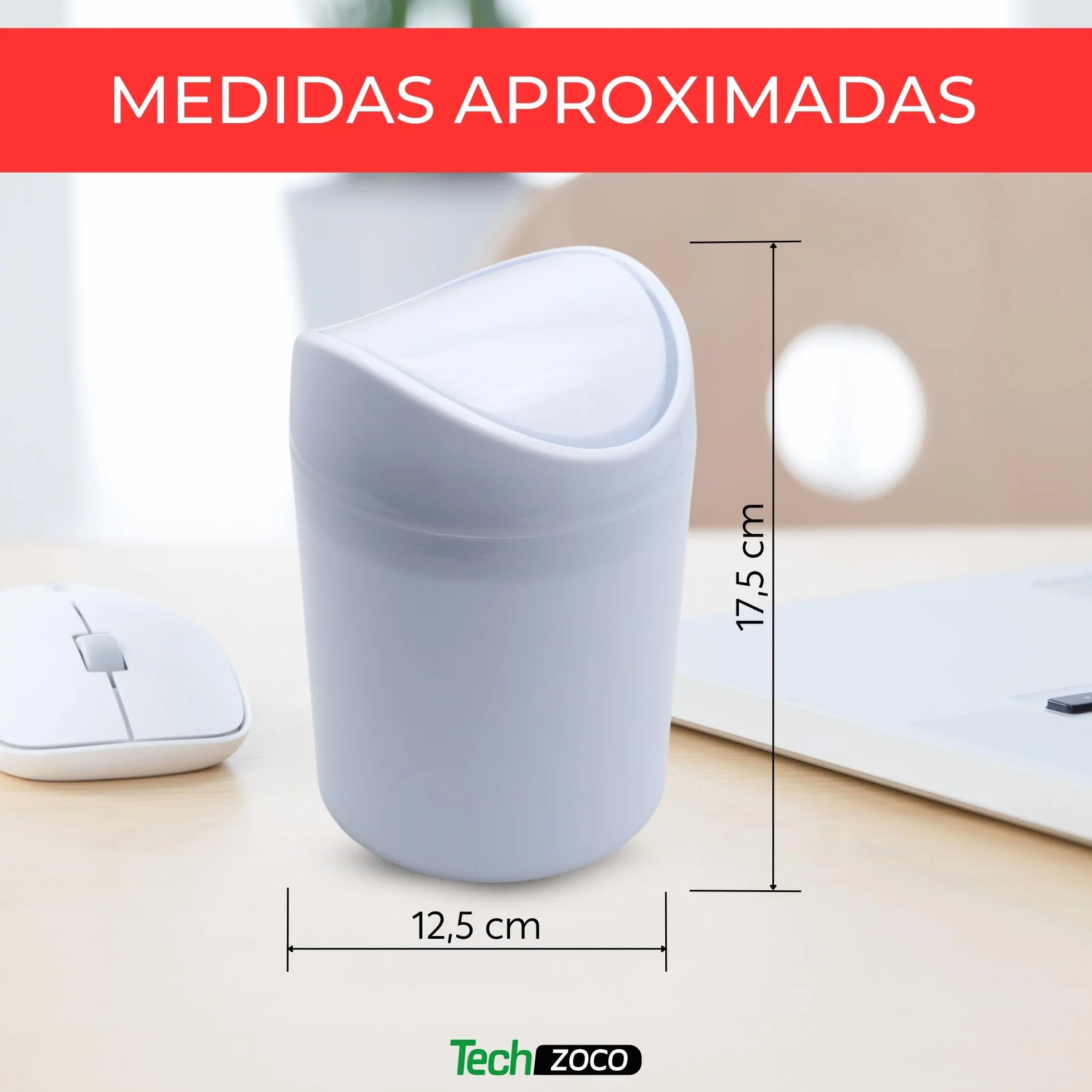 TECHZOCO Papelera de mesa con tapa abatible, Mini Basurero de Mesa, Cubo de Basura para Escritorio, Papelera Escritorio de Oficina, 17.5 cm de altura, Plástico, 1.4 Litros, Blanco